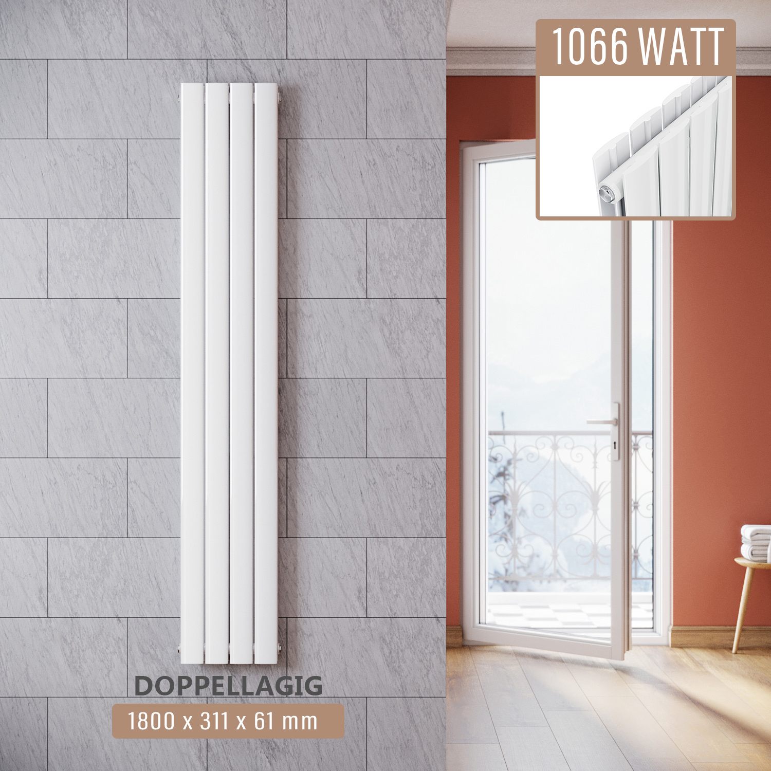 Panelový radiátor SONNI 1800 × 311 mm dvojvrstvový biely vertikálny radiátor