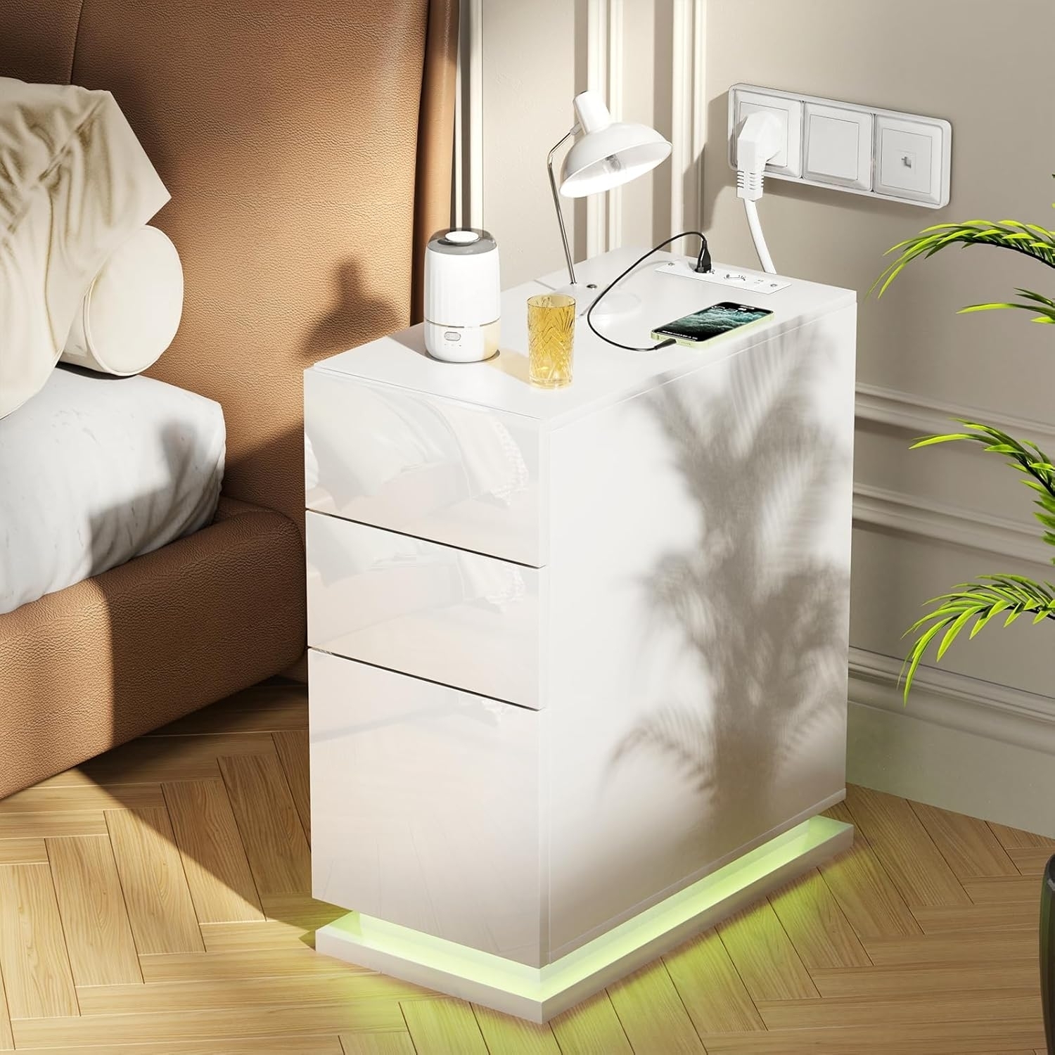 LED Nachttisch 30cm Breit,Nachttisch Schmal mit Steckdose &