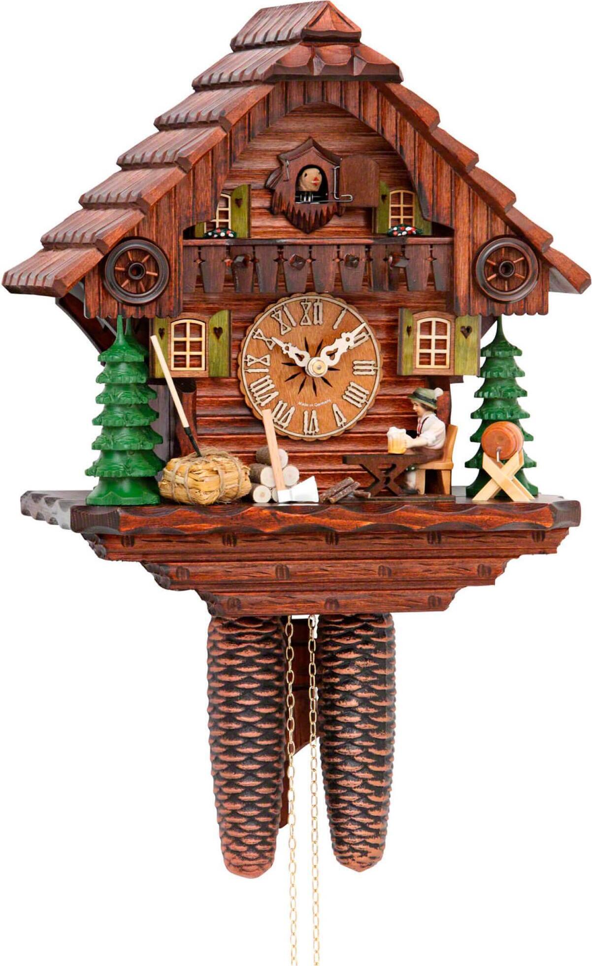 Cuco Clock Kuckucksuhr Schwarzwalduhr "Der Biertrinker" 19 x 29 x 30cm Wanduhr aus Holz, 8 - Tage Werk, manuelle Nachtabschaltung 42513459047510
