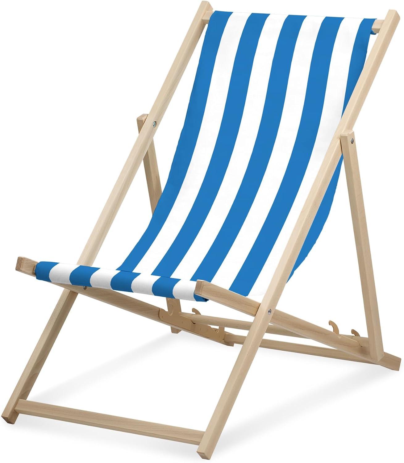 Lehátko - široké pruhované - svetlomodré - skladacie - z bukového dreva - nosnosť do 95 kg - 3-smerovo nastaviteľné operadlo - plážové lehátko