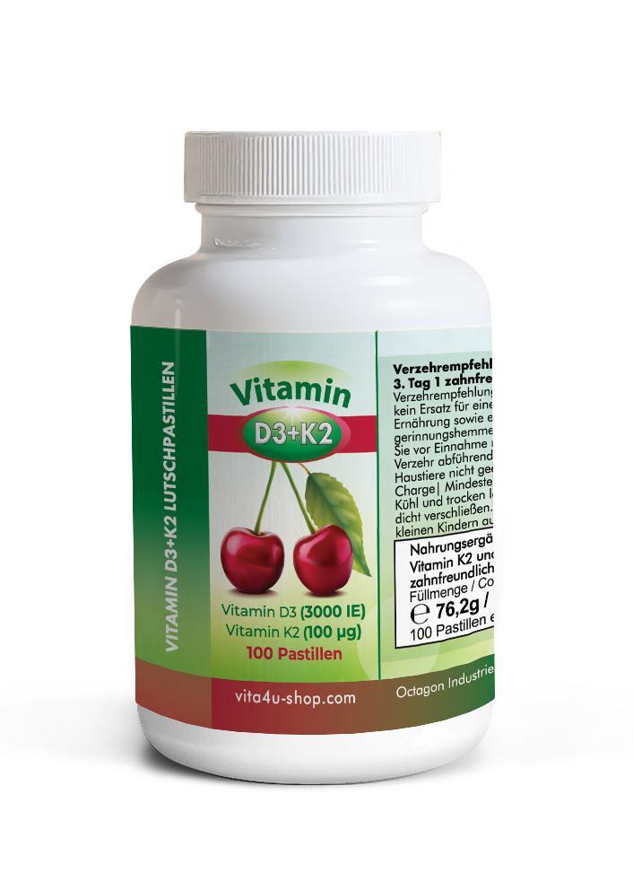 Octagon Vita 4U® D3+K2 Kirschpastillen mit 3000 IE D3 + 100 g K2 MK7 - zuckerfrei, zahnfreundlich, vegan - Vitamin D3+K2 bequem lutschen