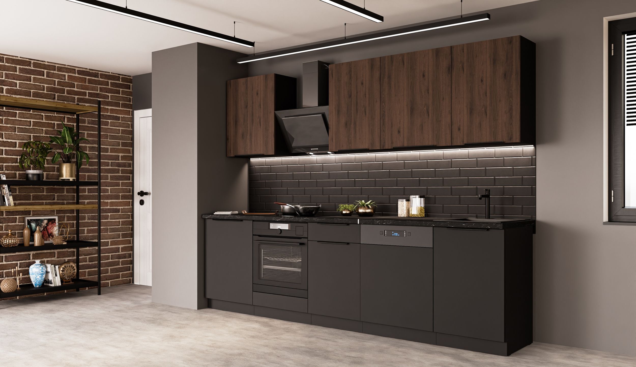 Küchenpreis-Bombe Küche SIENA + MONZA BASIC 280 cm Küchenzeile Küchenblock Einbauküche Nussbaum Okapi + Schwarz matt