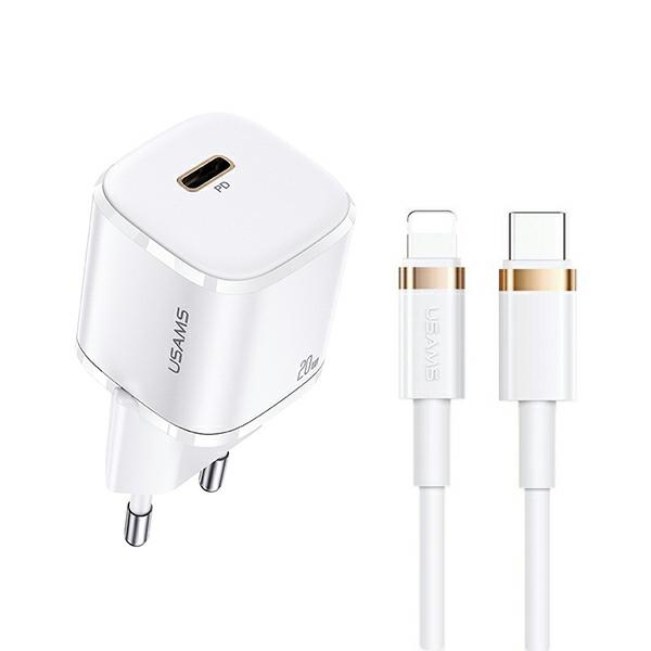 Usams Char. Siec. 1Xusb-C T36 Mini 20W + Usb-C-Lightning Kábel Biely/Biely Pd3.0 Rýchle Nabíjanie Xfkxlogtl02 (Us-Cc124+Us-Sj484)
