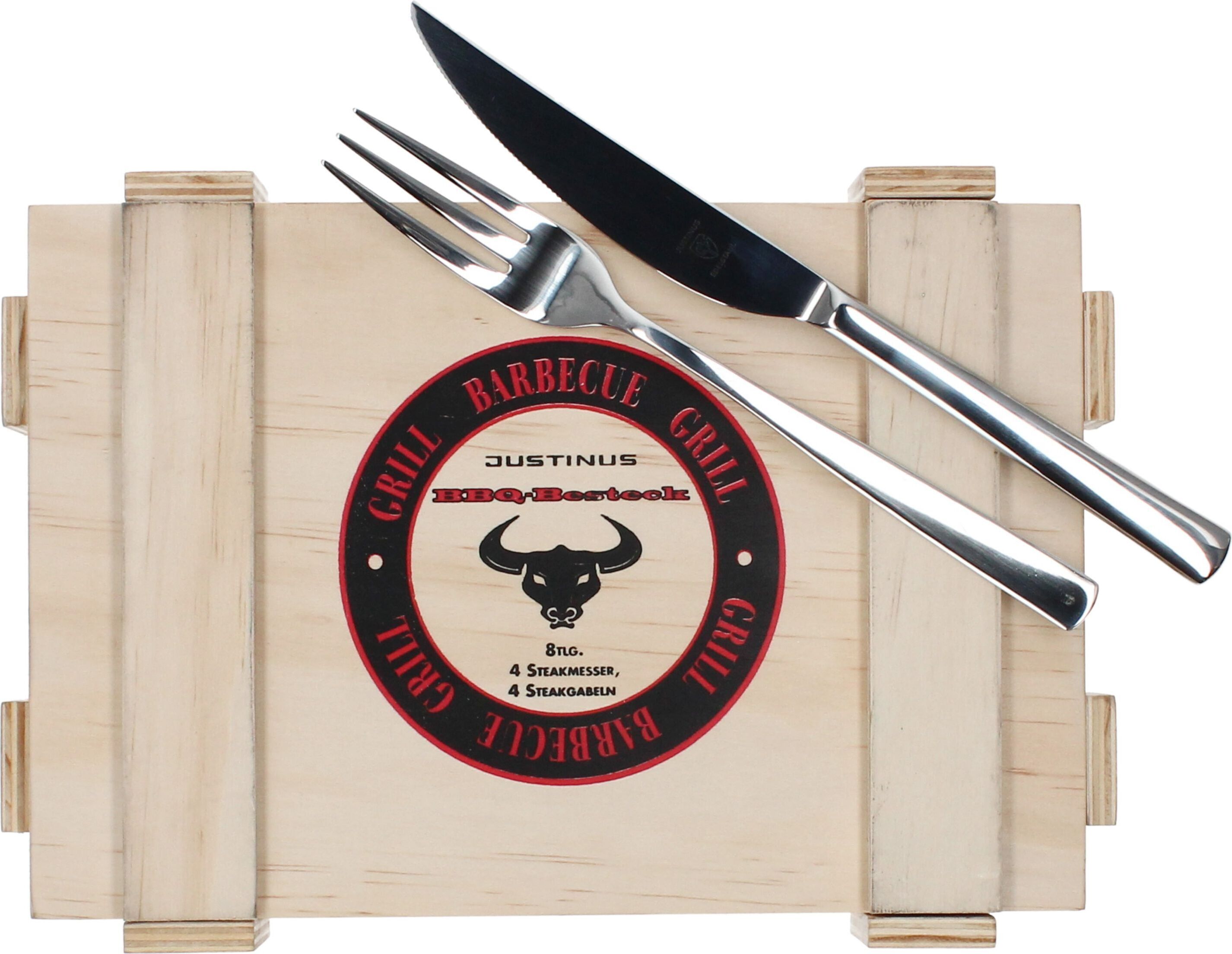 Justinus Bestecke Justinus 8tlg BBQ Steakbesteck-Set für 4 Personen Messer Gabel inkl Holz-Kiste