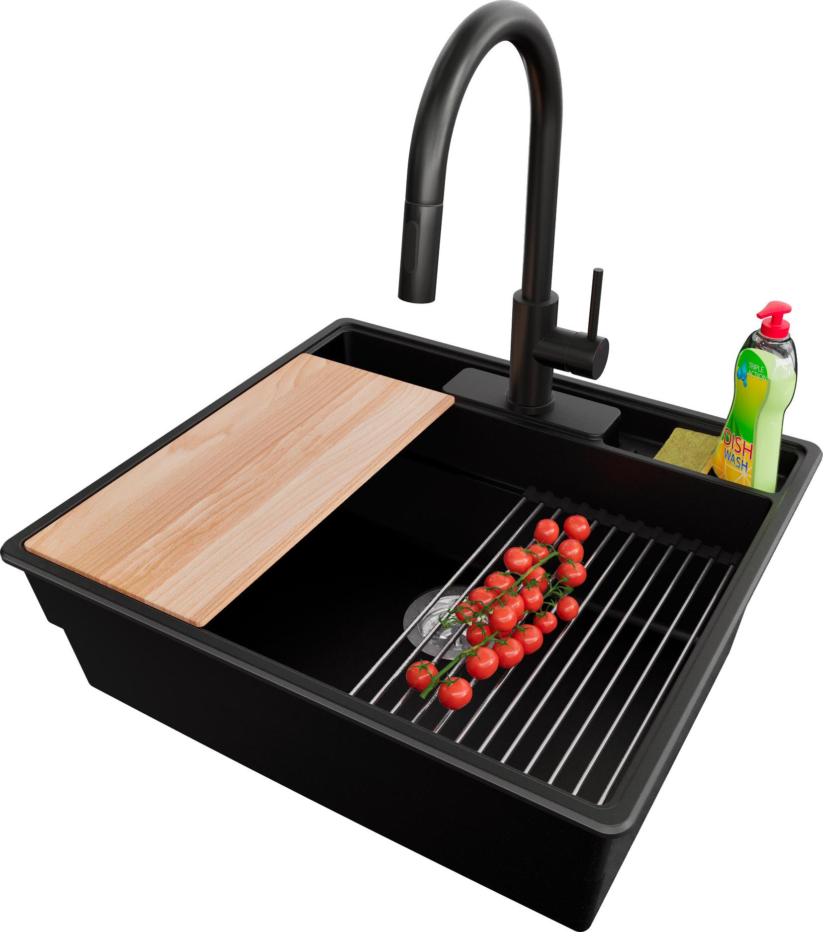 PRIMAGRAN Granitspüle Schwarz 58x53cm, Spülbecken 1 Becken + Küchenarmatur 40x20cm + Ablauf-Set + Küchenzubehörset, Küchenspüle ab 60er Unterschrank - New York