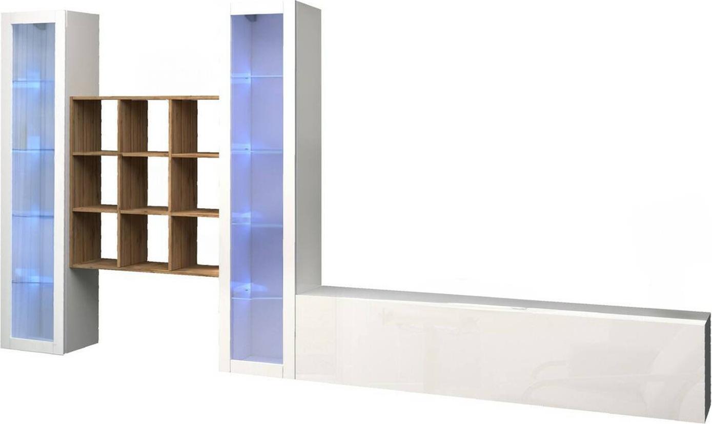 Dmora Wohnzimmermöbel Dchiorr, Wohnzimmergarnitur TV-Möbel mit 3 Türen, Mehrzweck-Wohnzimmermöbel mit Vitrine und LED-Licht, 100 % Italy, cm 350x30h180, glänzend weiß und Ahorn