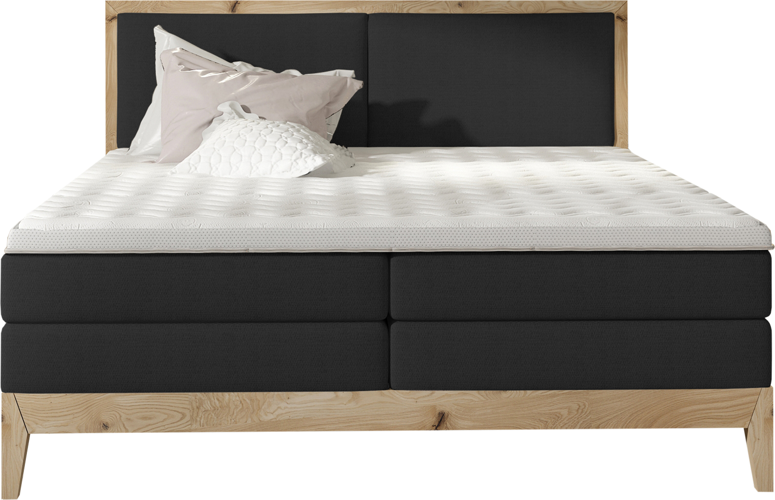Schlafzimmer Bett Kontinentalbett IDA - Eiche Massivholz, 7-Zonen-Taschenfederkernmatratze, Premium Kaltschaum Topper - Boxspringbett Mit Beleuchtung | 140x200 cm | Schwarz