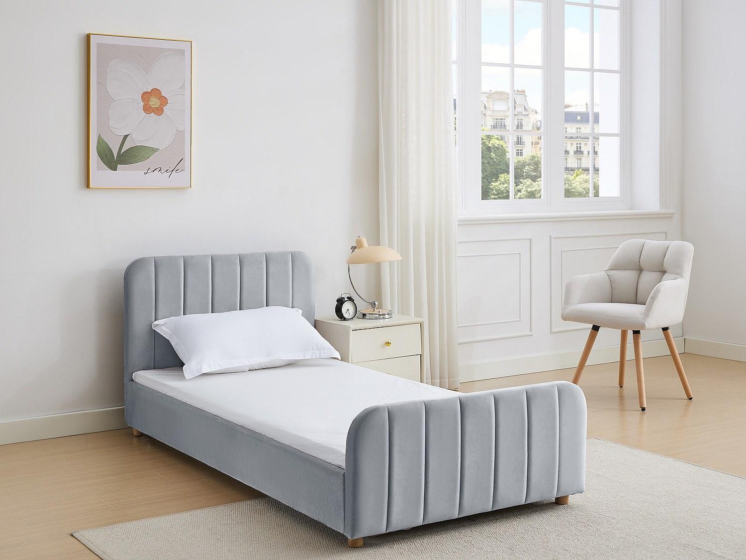 Bett 90 x 190 cm - Velours mit vertikalen Nähten - Grau + Matratze - ROGADI