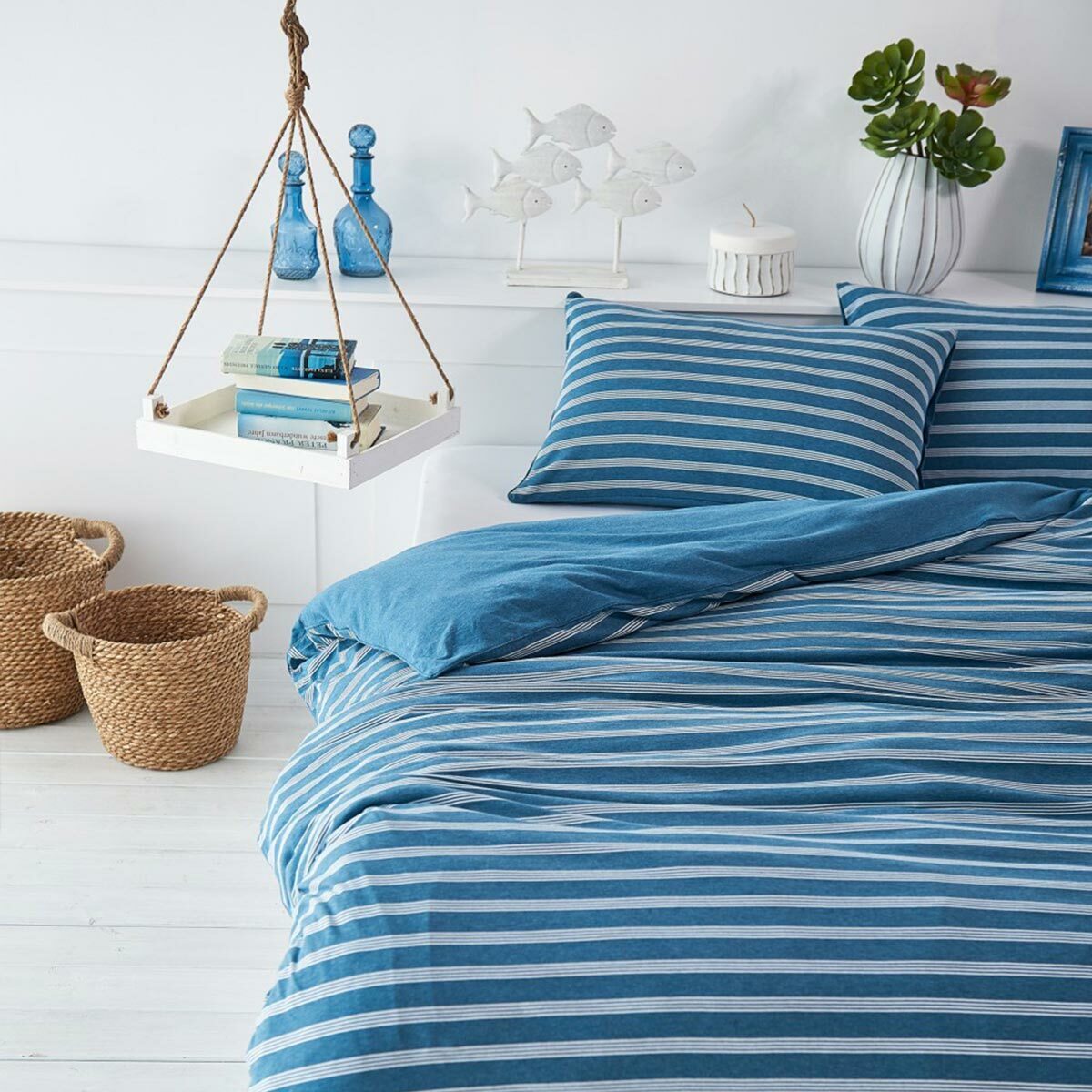 Bettwaren-Shop Melange Streifen Bettwäsche Doubleface 135x200 cm + 80x80 cm petrol