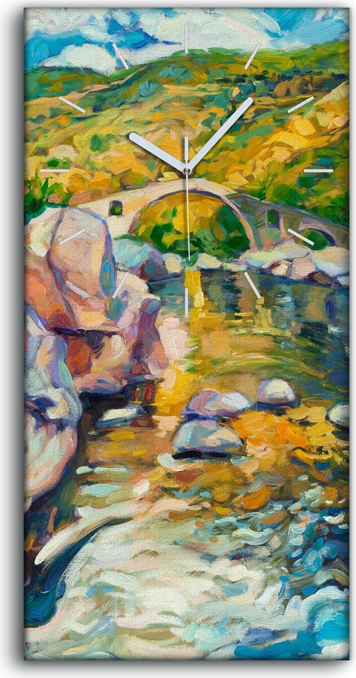coloray Leinwand Uhr Küche Wohnzimmer Bild 30x60 Kunst Flusslauf Brücke in den Bergen - weiße Hände zcv-43858880-30x60-b