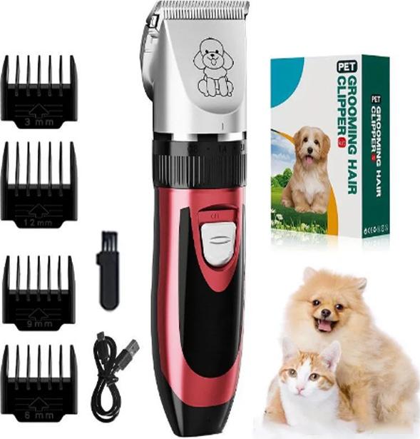 INF Profesionálny zastrihávač chlpov pre domáce zvieratá s keramickou čepeľou, červený, sada 6 ks