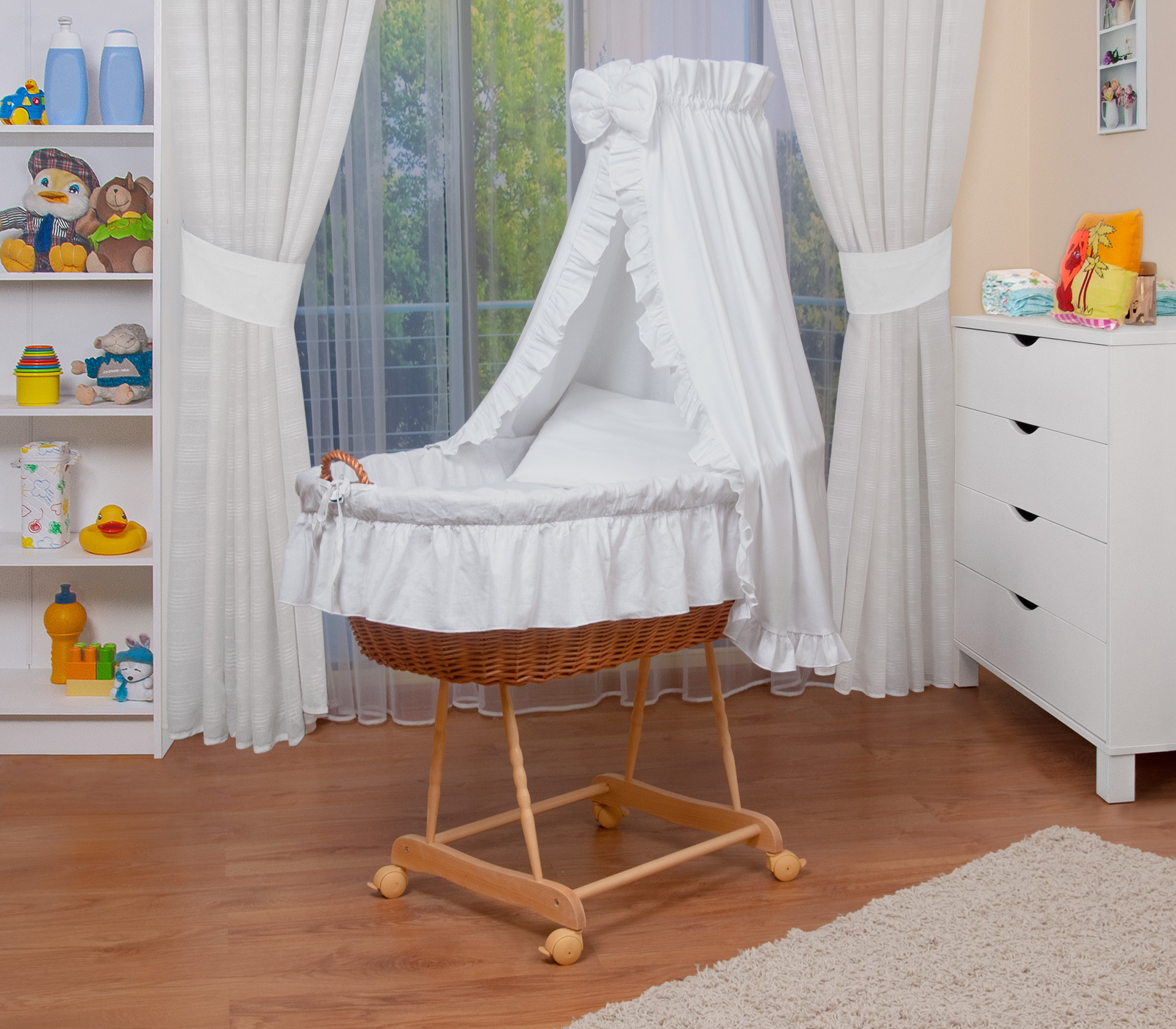 Waldin Baby Stubenwagen-Set mit Ausstattung,XXL,Gestell natur,Weiß 1203-08