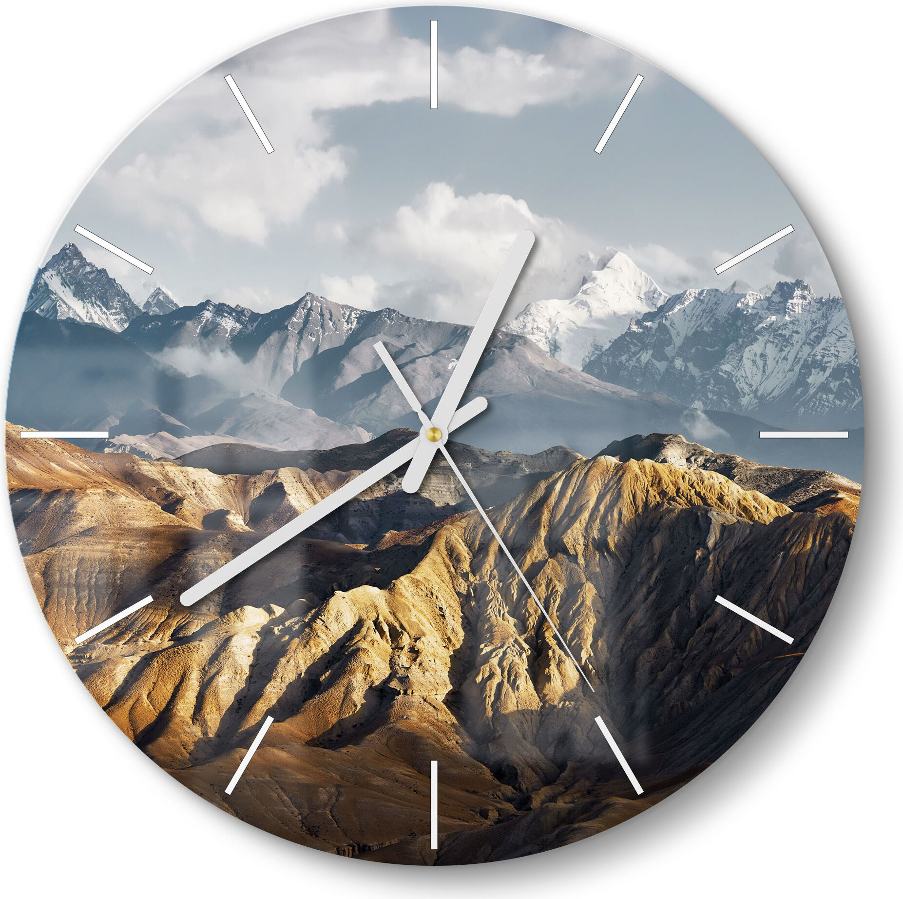 DEQORI Glasuhr Ø30 cm Modern 'Bergkettenpanorama' Wanduhr Glas Uhr Design leise WC-D30-M-1840