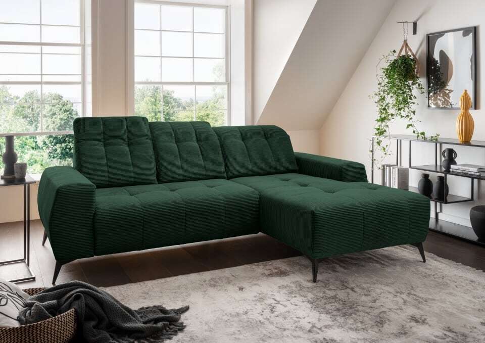 Ecksofa Sano Benformato 258 x 180 cm | Cord-Stoff mit Elektrofunktion & verstellbaren Kopflehnen | Ausrichtung: Vorstehend rechts, Farbe: Moosgrün
