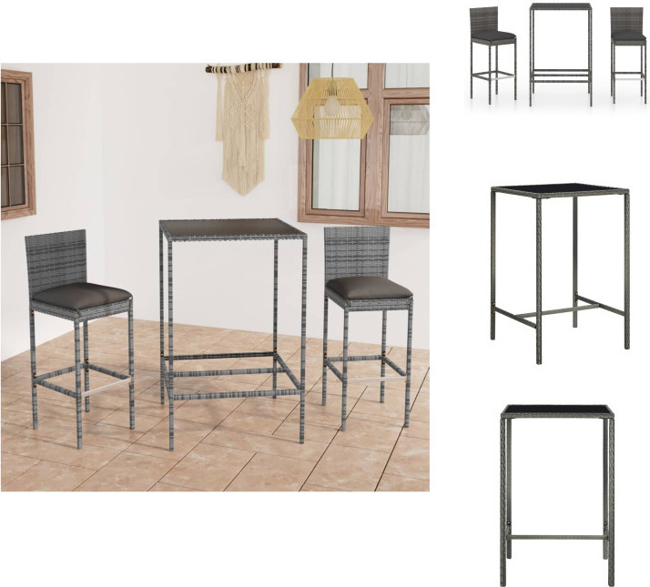 vidaXL 3-dielny záhradný barový set s vankúšmi polyratan sivý - Záhradný nábytok sety