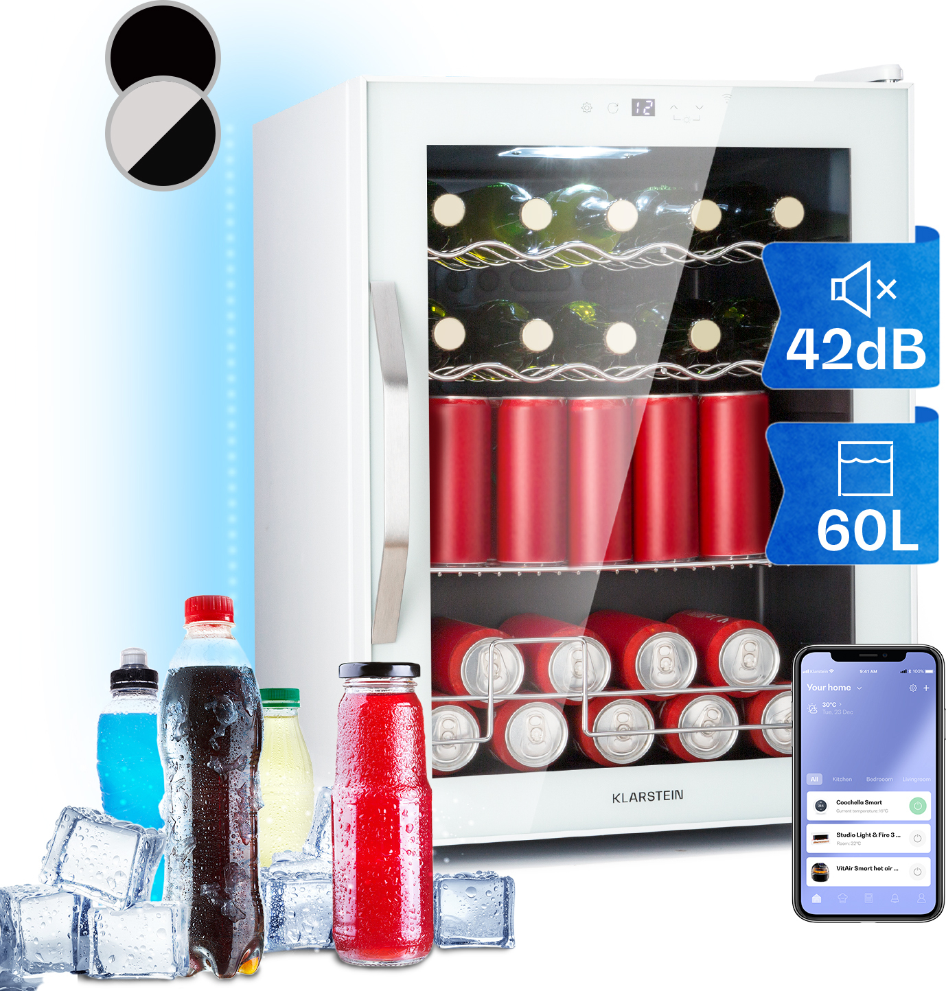 Klarstein Mini Kühlschrank mit Glastür & LED, Mini-Kühlschrank für Zimmer, Getränkekühlschrank Klein mit IoT/App-Steuerung, Kleiner Kühlschrank 60L, Indoor/Outdoor Kühlschrank Leise, 3-18°C HEA-Coachella 60-wh