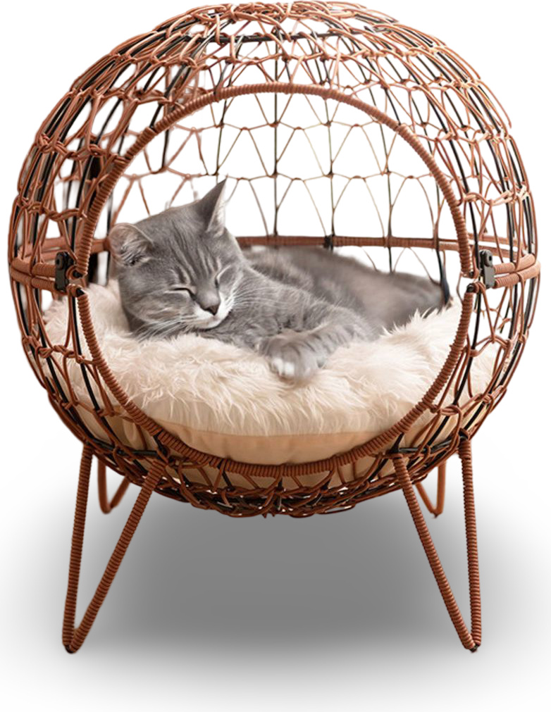 Buri Heimtier Schlafkörbchen Rattan mit Kissen 45x50cm Katze Katzenbett Kugel Schlafplatz