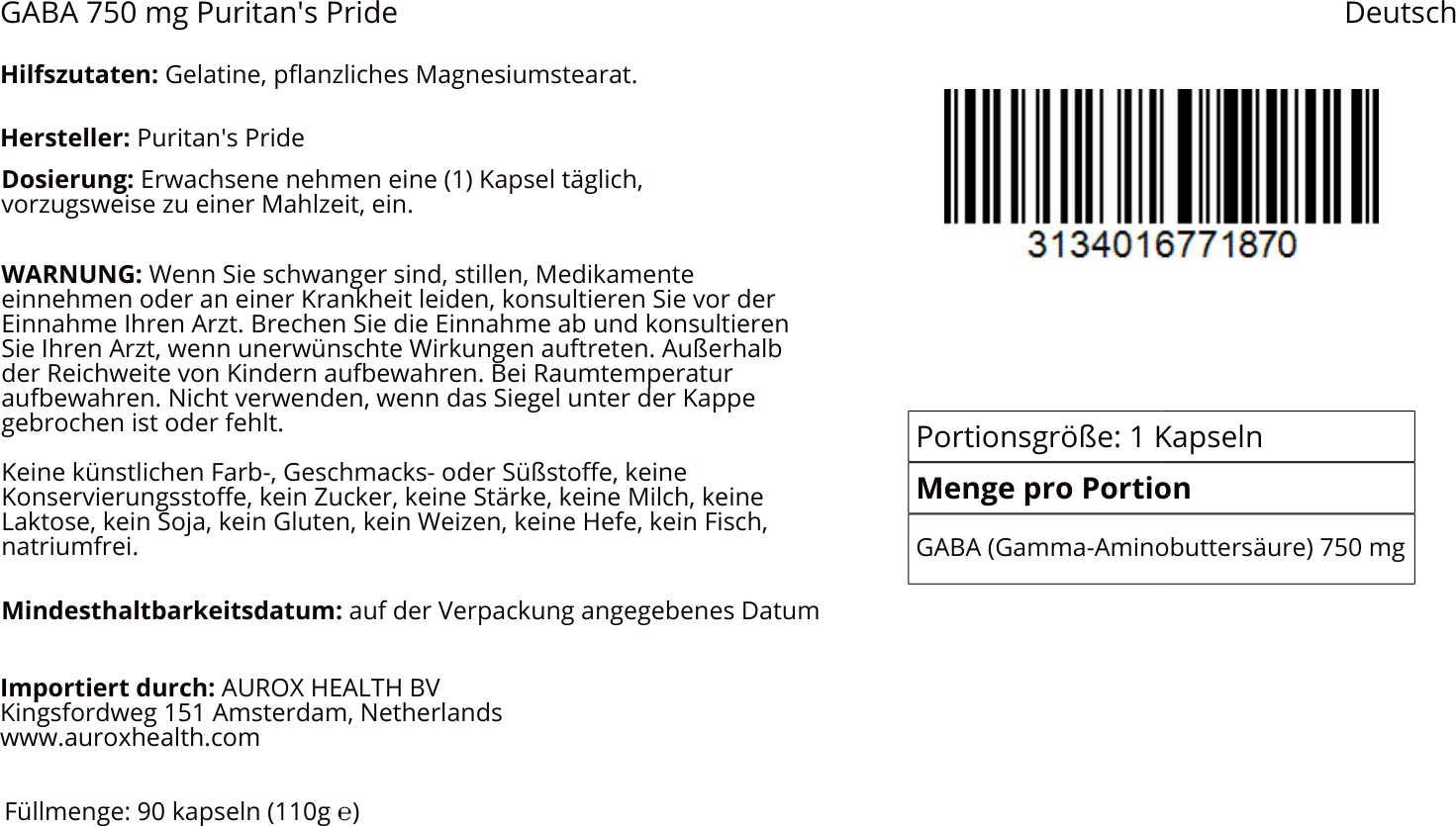 Sonstige GABA 750 mg 90 Kapseln Puritans Pride