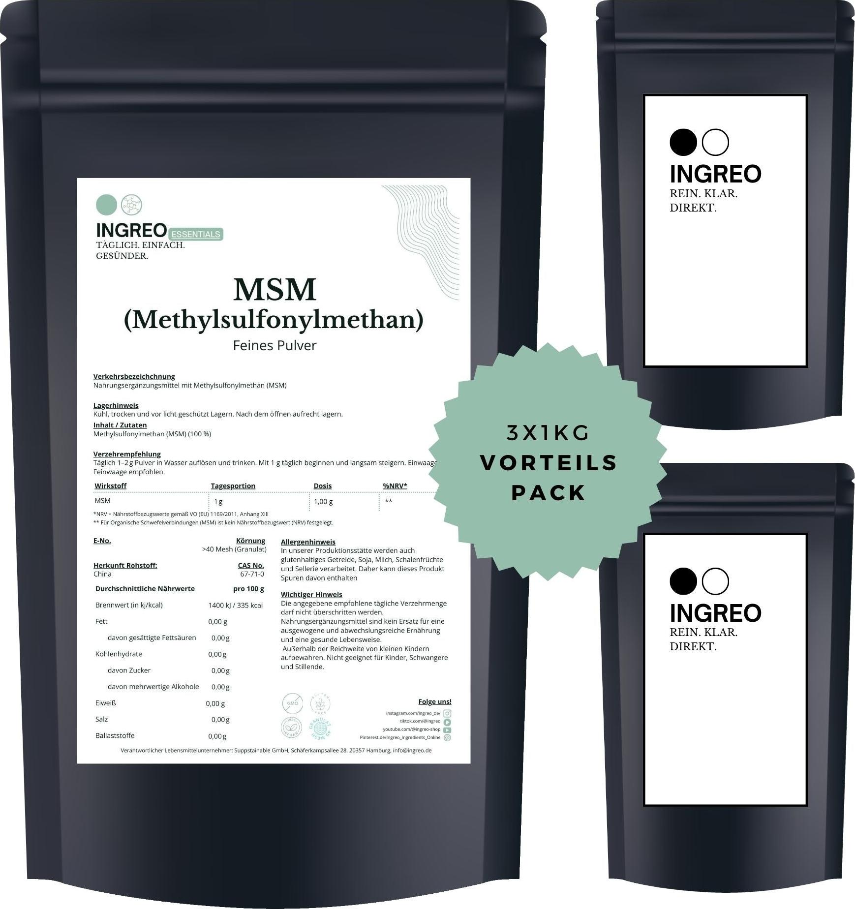 INGREO Essential MSM (Methylsulfonylmethan) Feines Pulver (>100 Mesh) – 3kg (3X1kg)