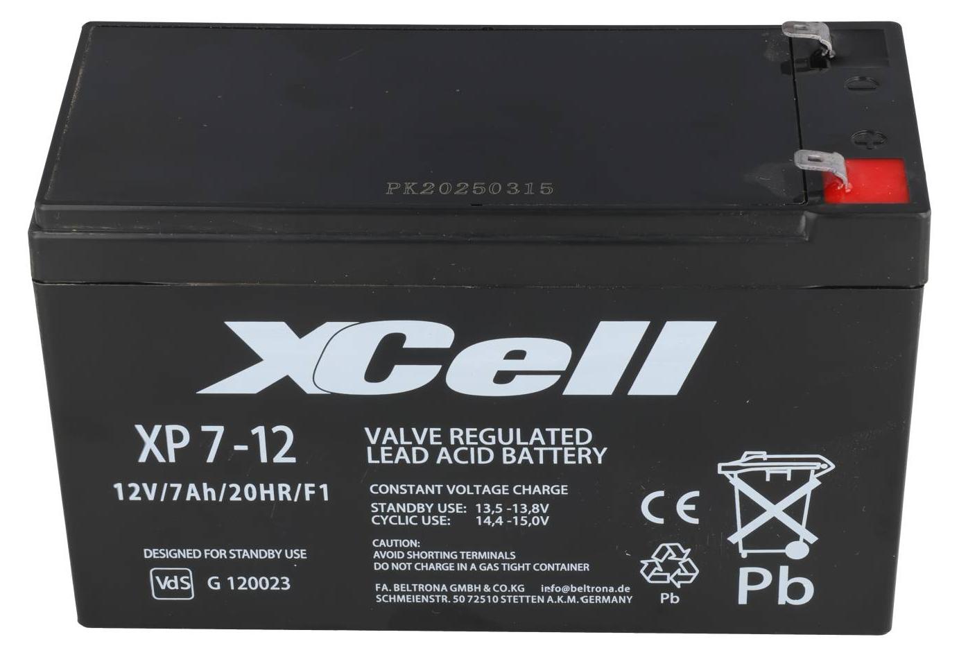 XCell PB Blei-Akku XP7-12 - F2 VdS AGM, Standard, Faston 4,8mm, XCELL XP 7-12 14011