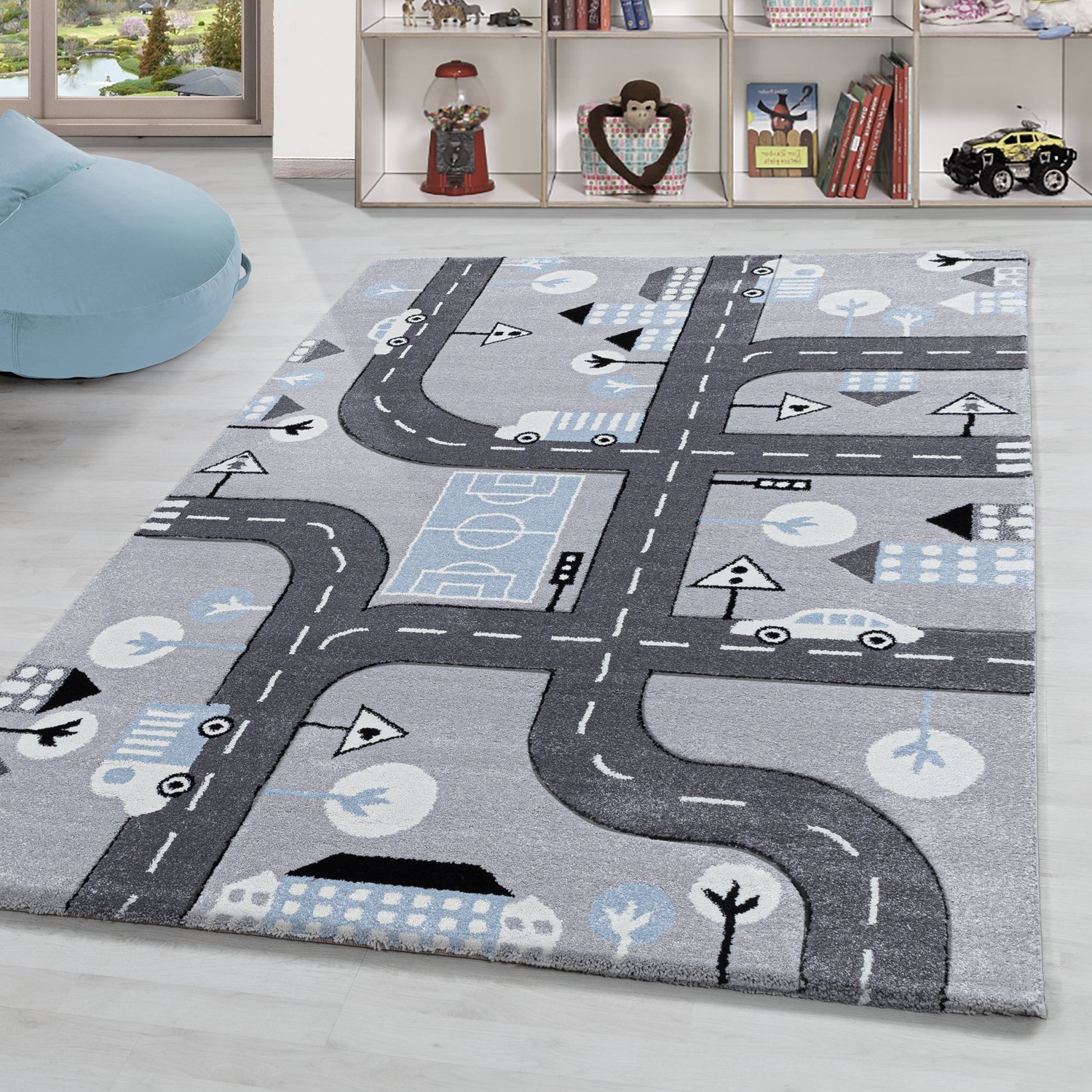 Kurzflor Teppich Rennauto für Kinderzimmer Weiss Blau Muster Kinderteppich 