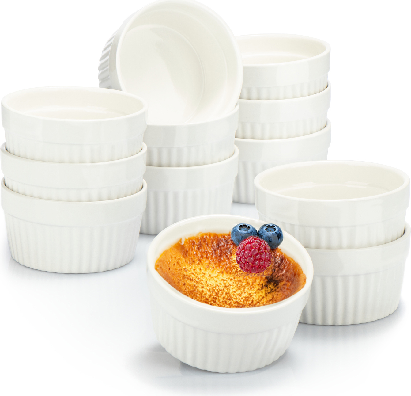 COM-FOUR® 12x Soufflé Förmchen - Creme Brulee Schälchen aus Keramik - Ofenfeste Förmchen - Dessertschale und Pastetenförmchen für z.B. Ragout Fin - je 200 ml - in weiß CF9627