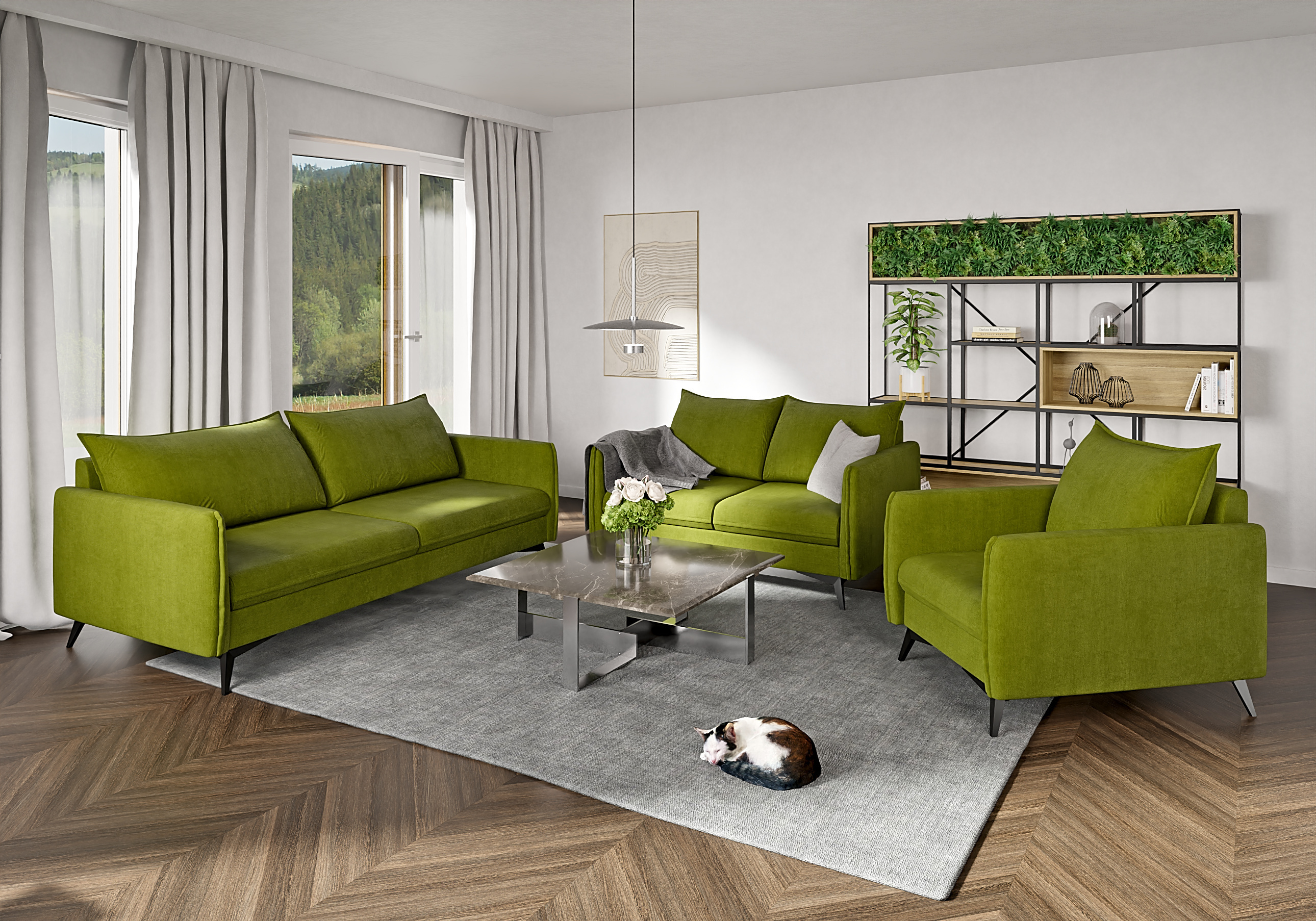 S-STYLE MÖBEL - Helix - Moderne Polstergarnitur 3+2+1 mit Schwarz Metall Füßen aus Grün Luxusmikrofaser, B/T/H: 3er - 199 cm / 91 cm/ 86 cm SZ1021