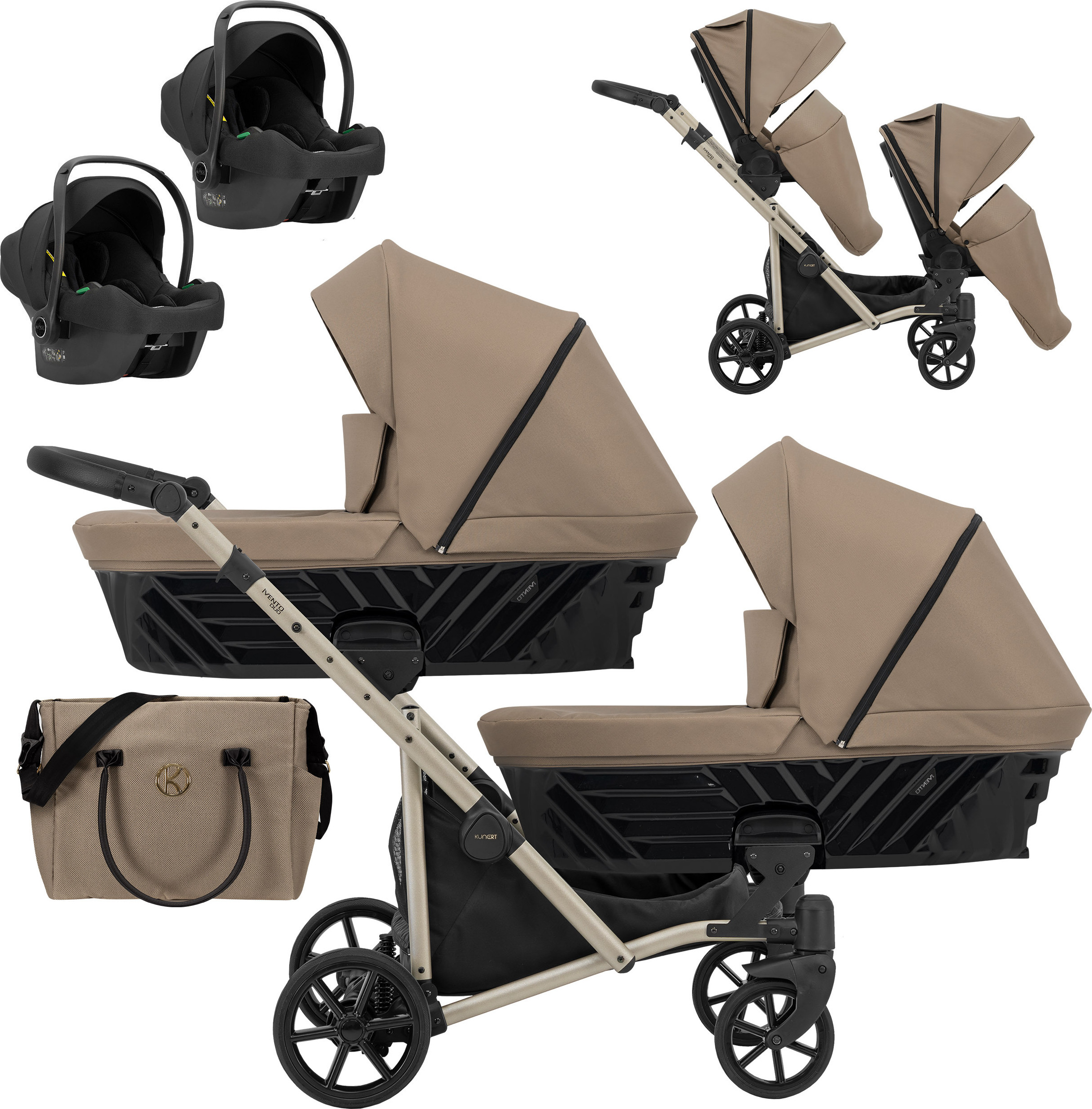 Kinderwagen IVENTO DUO 3 in 1 Komplettset Zwillingskinderwagen Geschwisterwagen Zwillingsbuggy Doppelkinderwagen (Caramel, Rahmenfarbe: champagne)