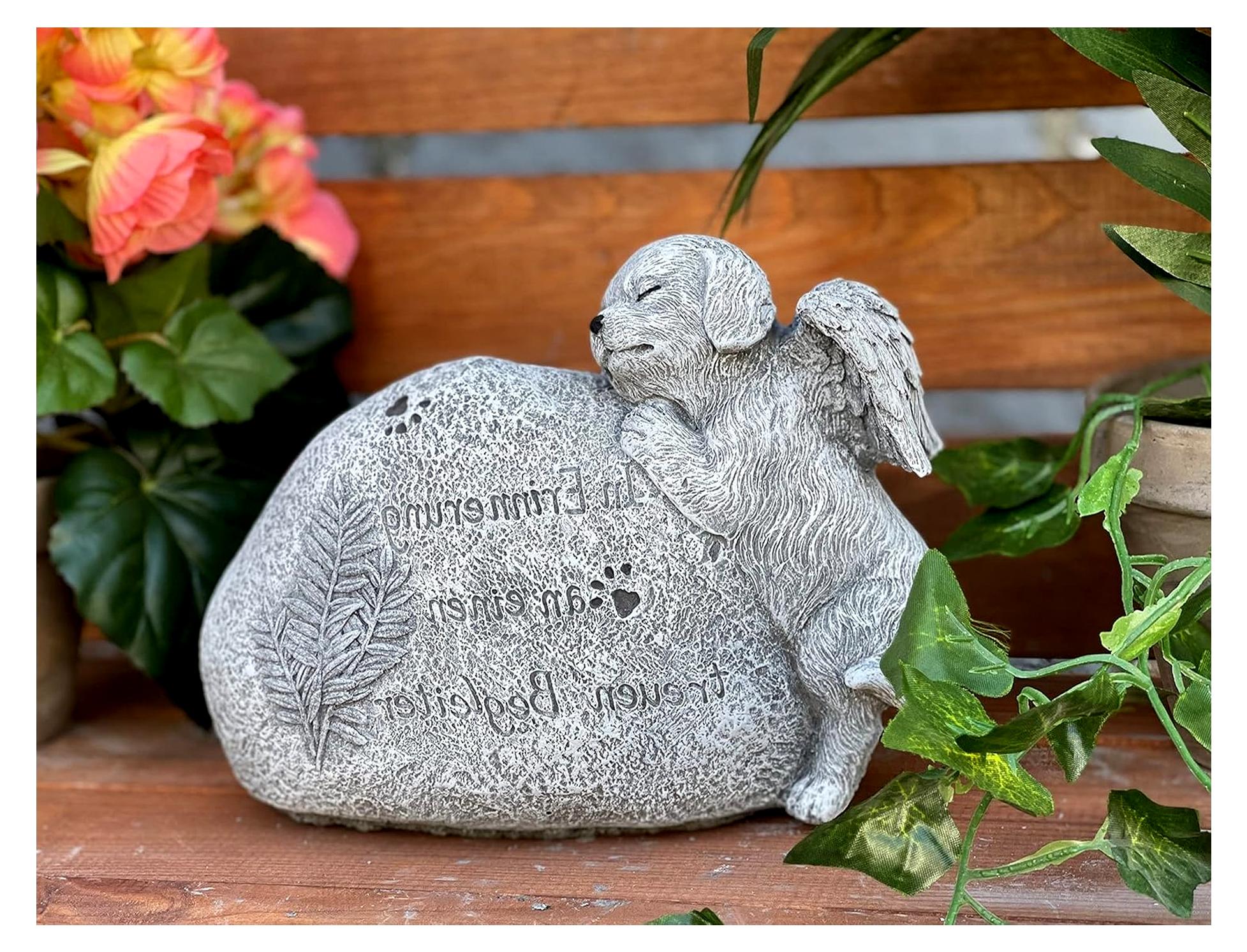 Markenlos Grabschmuck Hund mit Inschrift frostfest aus Steinguss