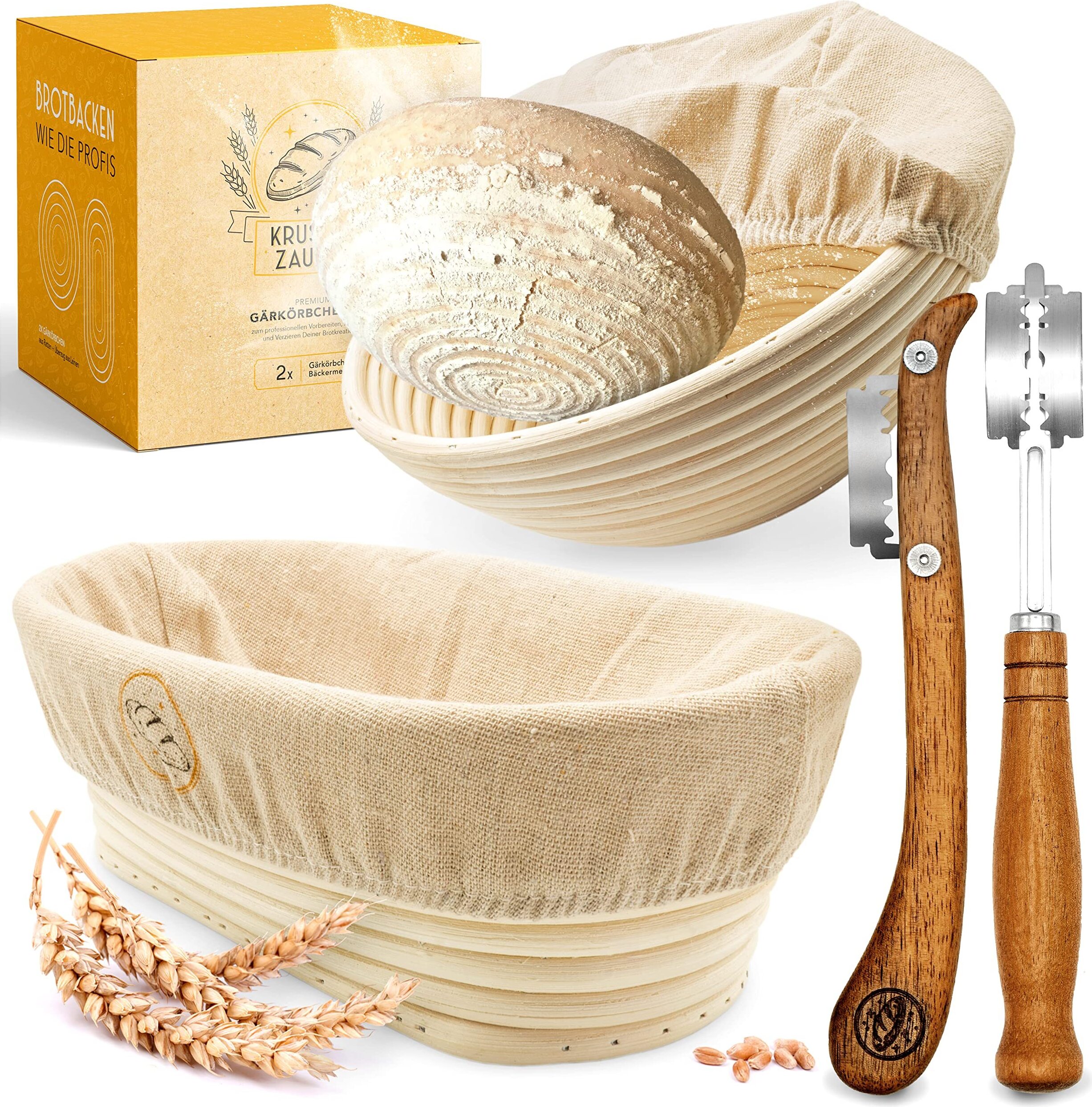 KRUSTENZAUBER Gärkorb zum Brotbacken + Bäckermesser - Set aus 2x Gärkörbchen u. 2x Teigmesser - Brot Backen Zubehör, Brotkorb, Brotbackform, Sauerteig Startet Set, Teigschneider, Gärfolie Brot, Rattan KRZ 23