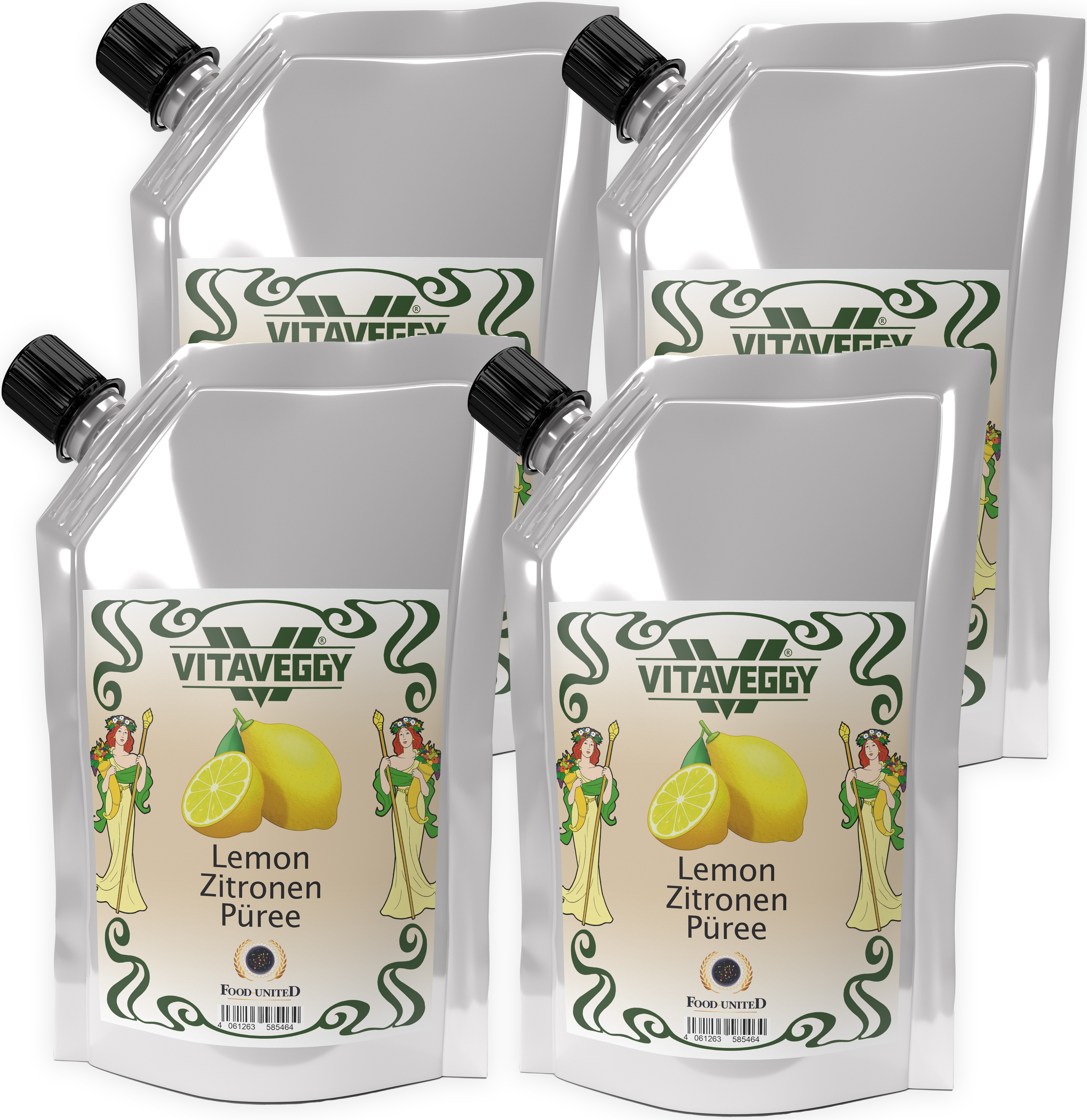S.Mile GmbH VITAVEGGY Früchte-Püree ZITRONE 4x 1kg ohne Aroma- Farb- & Konservierungsmittel von Food-United, Zitronenpüree geeignet für Obstbrei & Obsmus oder als Zitronensaftkonzentrat Zitronen-Tee oder für Cocktails Smoothies Sorbets Kuchen, GVO-Frei Glutenfrei