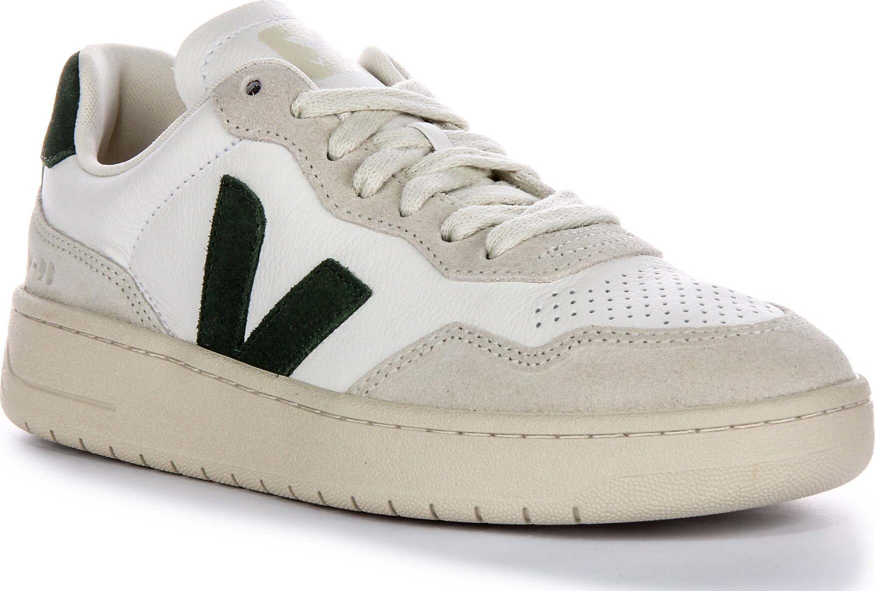 Damen Sneaker aus Leder Veja V 90 mit seitlichem OT Lederlogo und Wildlederpanel in Weiß Grün – undefined / Weiß Grün