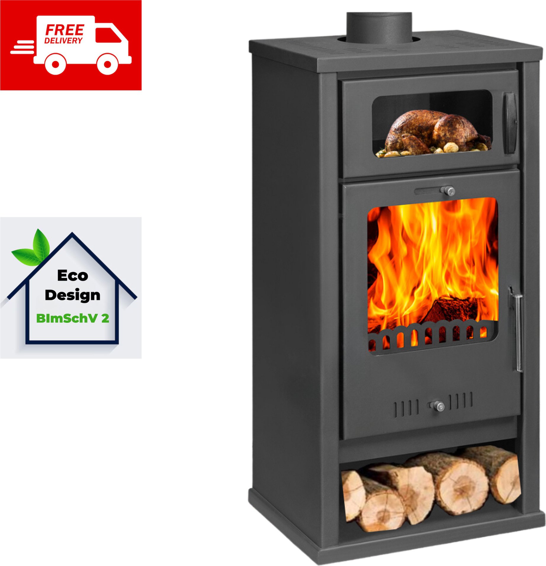 BALKAN ENERGY - Kaminofen - Ofen - Holzofen mit Backofen - Troy - 7.8kW -