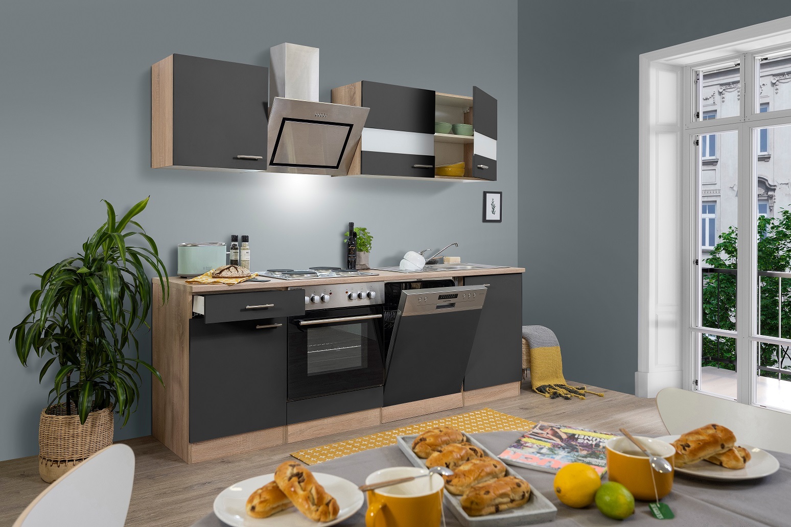 Küche Küchenzeile Küchenblock Einbauküche Eiche Grau Merle 220 cm Respekta KB220ESGS