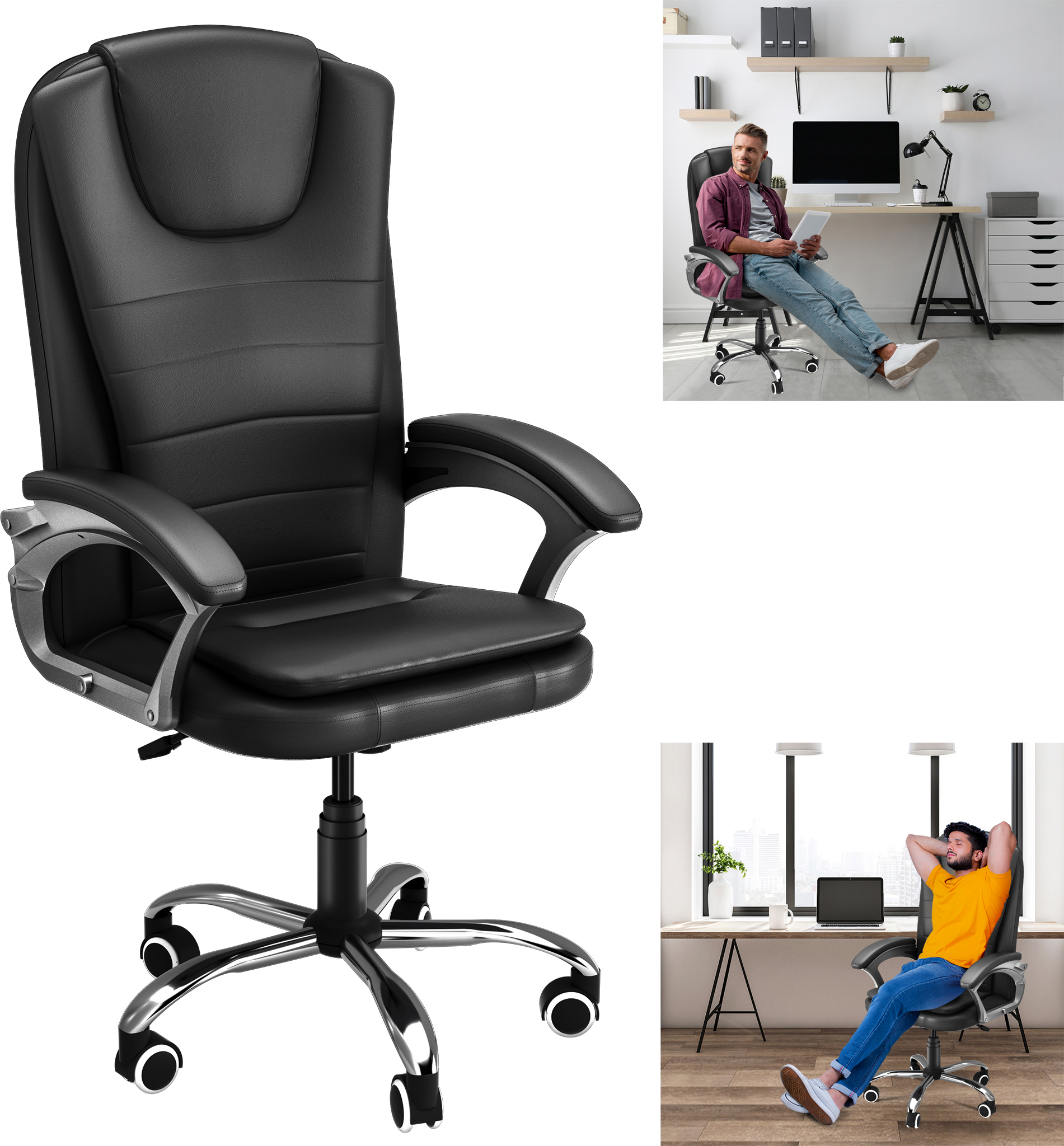 XMTECH Ergonomická kancelárska stolička Kancelárska stolička s čalúnenými podrúčkami, kancelárska stolička Kancelárska stolička Herná stolička Imitácia kože, výškovo nastaviteľná, otočná stolička Nosnosť do 150 kg - TypB - čierna