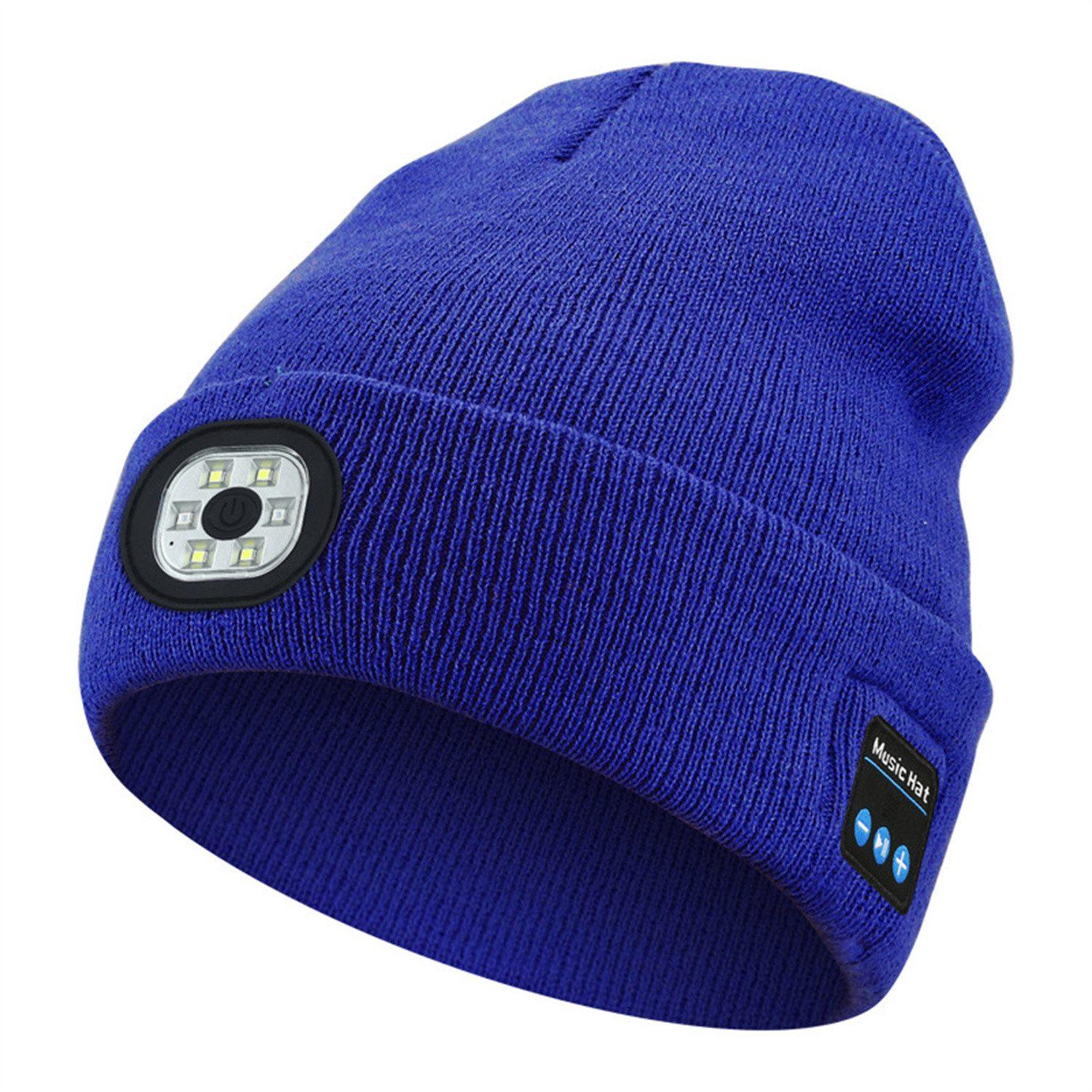 DTC GmbH Strickmütze Bluetooth Beanie Mütze mit Licht,Stirnlampe Mütze mit Kopfhörer USB aufladbar 1 Stück CT1466-Blau