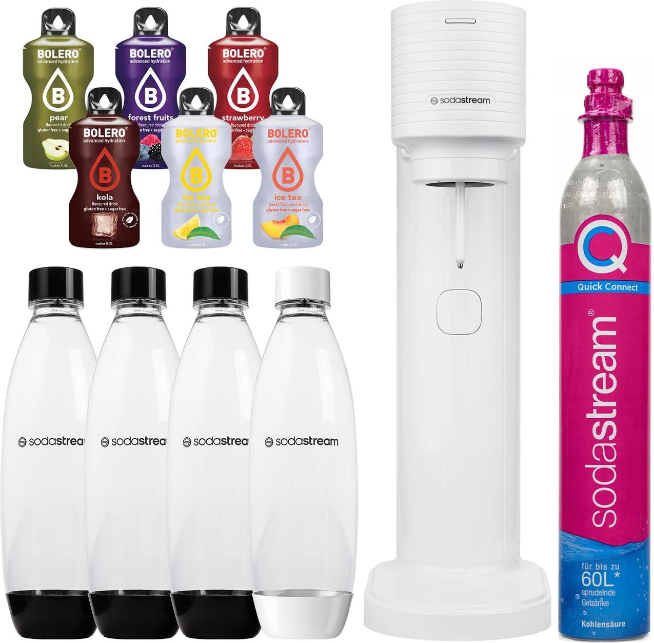 Výrobník perlivej vody SodaStream Gaia White jedna fľaša + fľaše 3 kusy čierne 1L Fuse + bolero