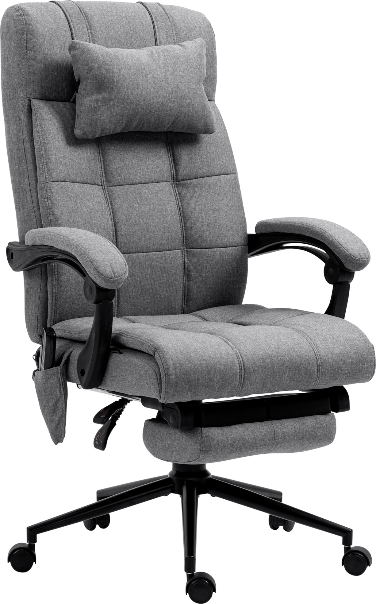 Kancelárska stolička s masážnou funkciou, ergonomická, výškovo nastaviteľná, s vyhrievaním bedrovej oblasti, opierkou na nohy a opierkou hlavy, polyester, sivá, 66 x 76 x 112–120 cm, sivá, 76,00 cm, 120,00 cm, oceľ, 66,00 cm, 120 kg