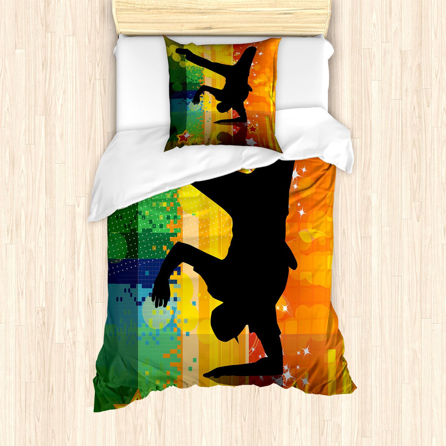 KOZMOS TEKSTL VE GER DÖNÜÜM SANAY TCARET LMTED RKET ABAKUHAUS HipHop Bettbezug Set, Illustration eines Breakdancer-Schattenbildes auf buntem Diskothek-Themed Background, 135 x 200 cm + 80 x 80 cm, Mehrfarbig nevde_65710_135x200_de