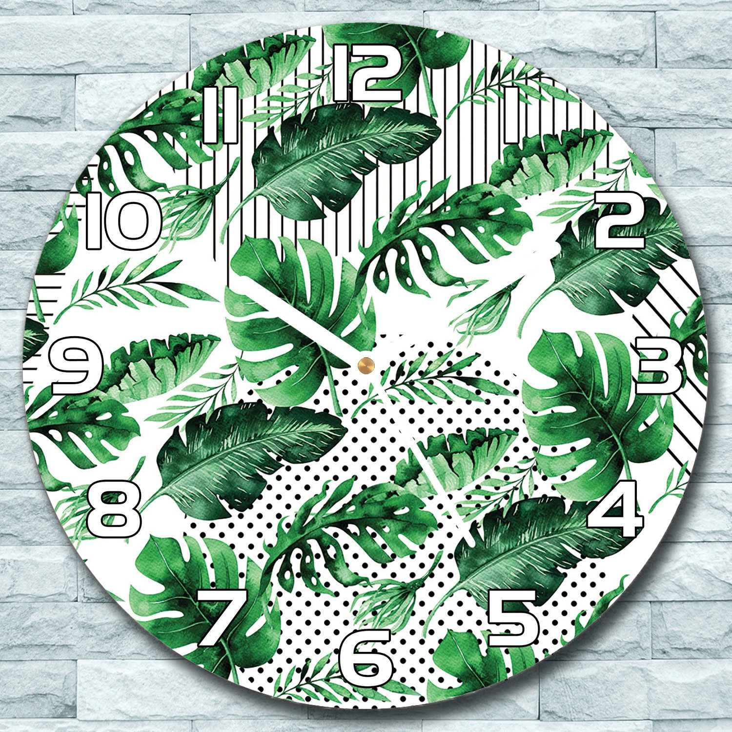 coloray Wanduhr aus Glas Rund fi 30 Grüne Blätter Punkte & Streifen Deko Schlafzimmer zso-white-f30-lenarte-140