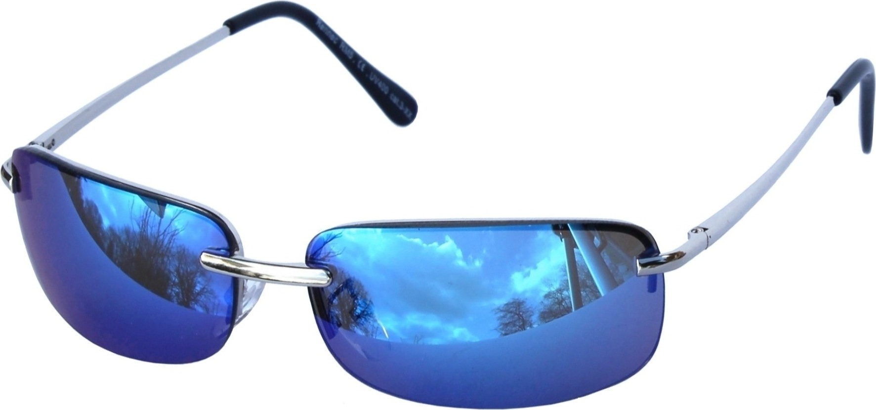 Rennec Sonnenbrille Schmal Verspiegelt Blau eckig Rechteckig Matrix Neo Design Edelstahl Brille Damen Herren Festivalbrille mit Federgelenke M5Silber-Blau-Verspiegelt
