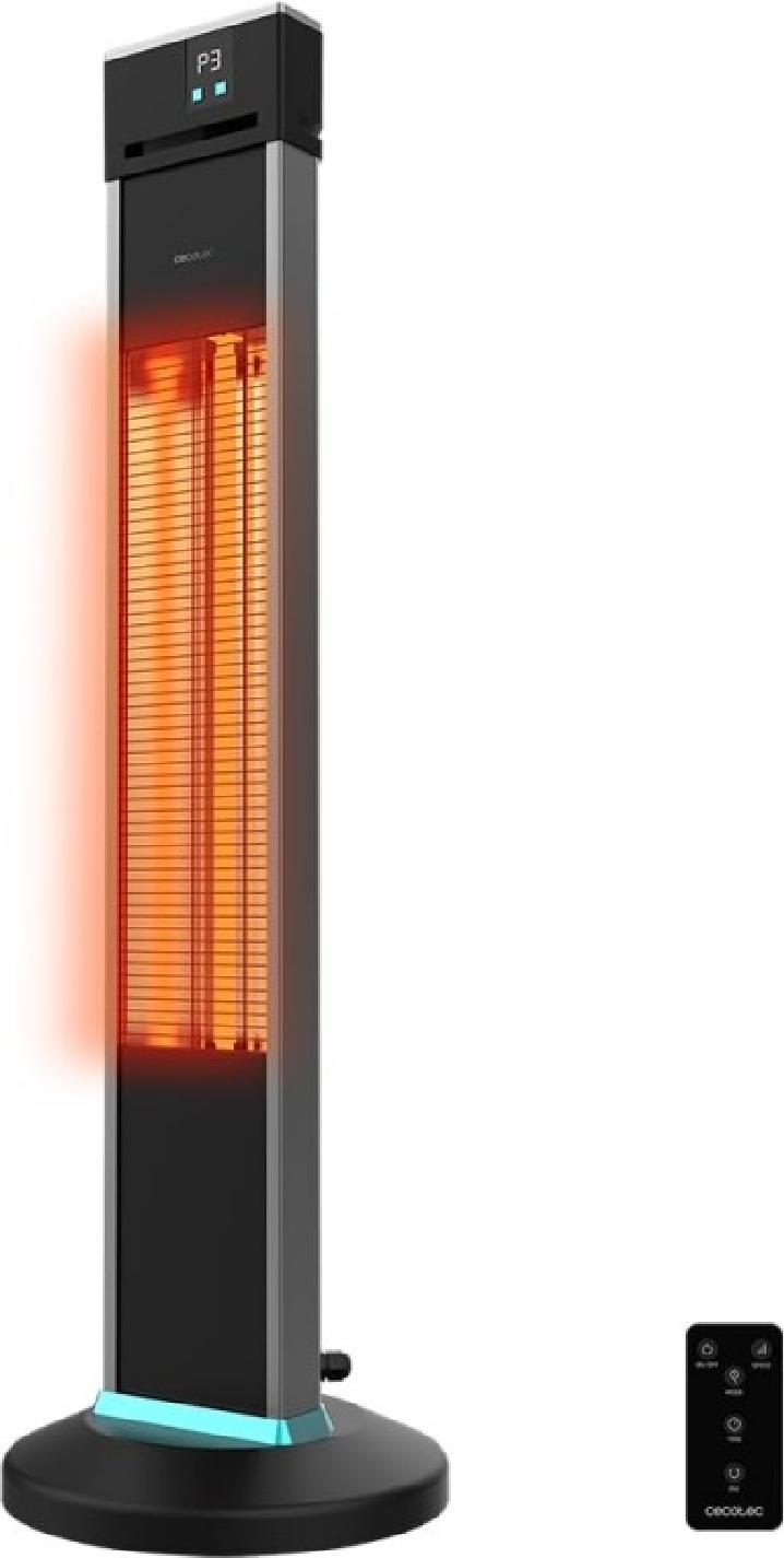 Elektrický ohrievač Cecotec Outdoor de ReadyWarm 2000 Power Tower. 2000 W v 3 stupňoch, halogénová technológia, krytie IP34, diaľkové ovládanie a displej, plocha pokrytia 10 m2