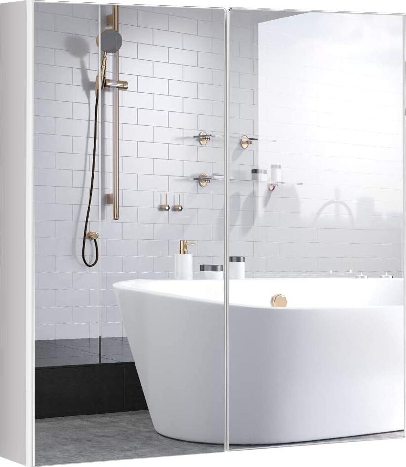 Dreamade Spiegelschrank an der Wand Einstellbar, Badezimmerschrank mit Spiegel, Weisses Badeschrank Haengend, Wandschrank Haengeschrank für Badzimmer JY87601DE