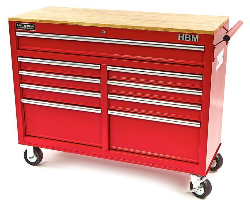 HBM Werkzeugwagen mit Holzarbeitsplatte, 117 cm, rot 20549