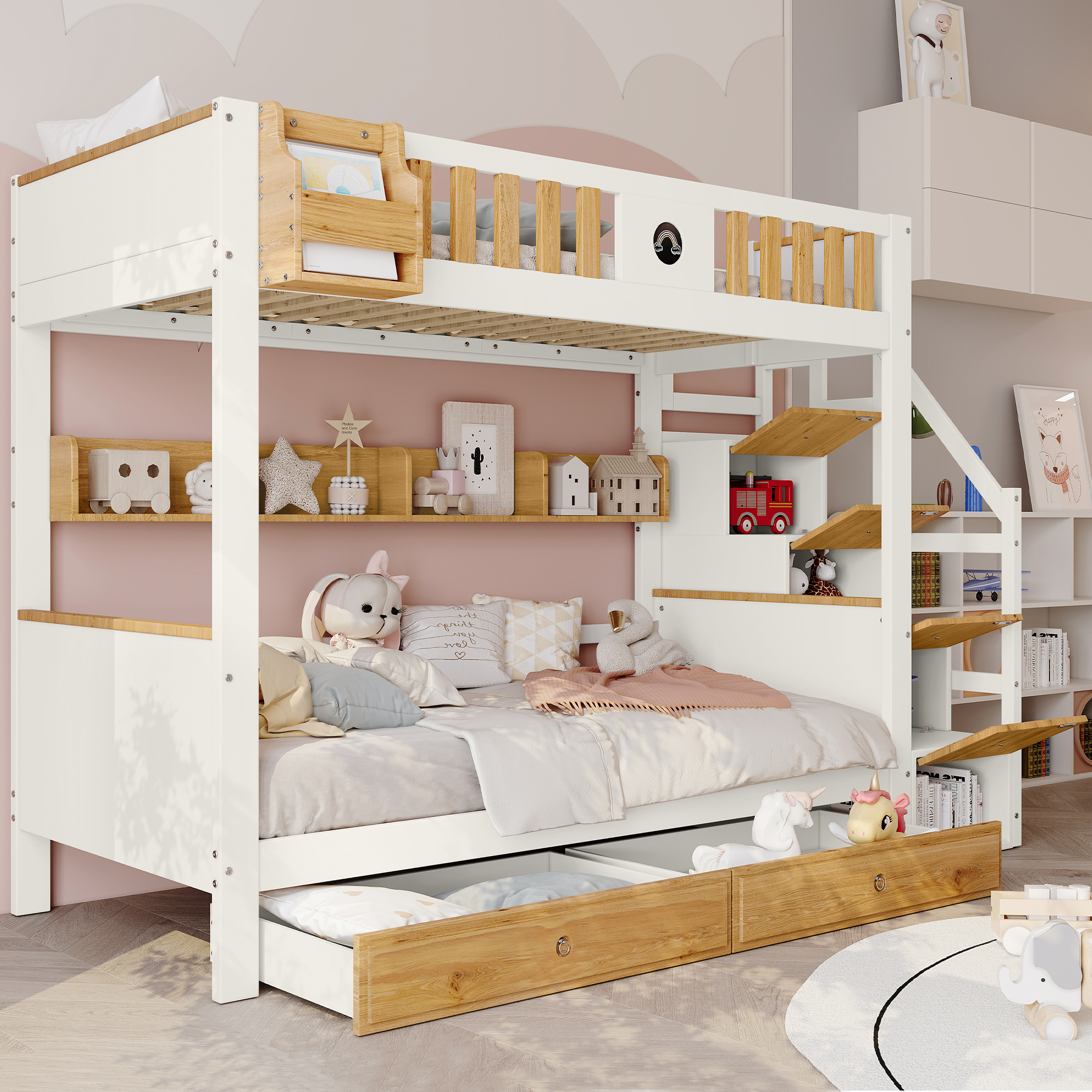 MODFU Etagenbett 90x200cm mit zwei matratze Kinderbett mit Treppe, Tafel, Regale und Regalkaste, Hochbett Hausbett mit Fallschutzgitter und 2 Schubladen, Massivholzbett Stockbett mit 4 Schließfächer in der Treppe, Jugendbett Bettgestell, Natur+Weiß