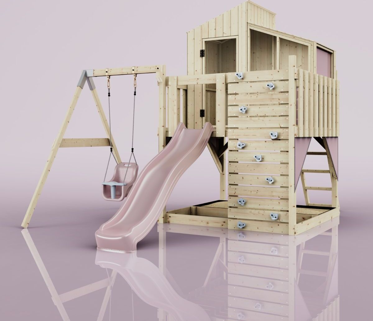OutdoorToys Spielturm mit Spielhaus inkl. Wellenrutsche, Outdoor Klettergerüst Garten, Kletterwand und Kletterleiter, Ausführung: Babyschaukel, Farbe: Altrosa, mit Babyschaukel O4.5.00308.11