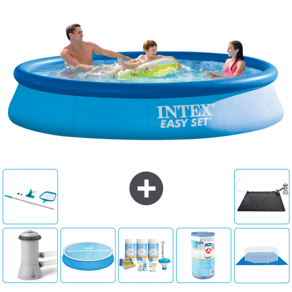 Intex okrúhly nafukovací bazén Easy Set - 366 x 76 cm - modrý - vrátane markízy s čerpadlom - balík na údržbu - filter - podložka - čistiaca súprava - solárna podložka