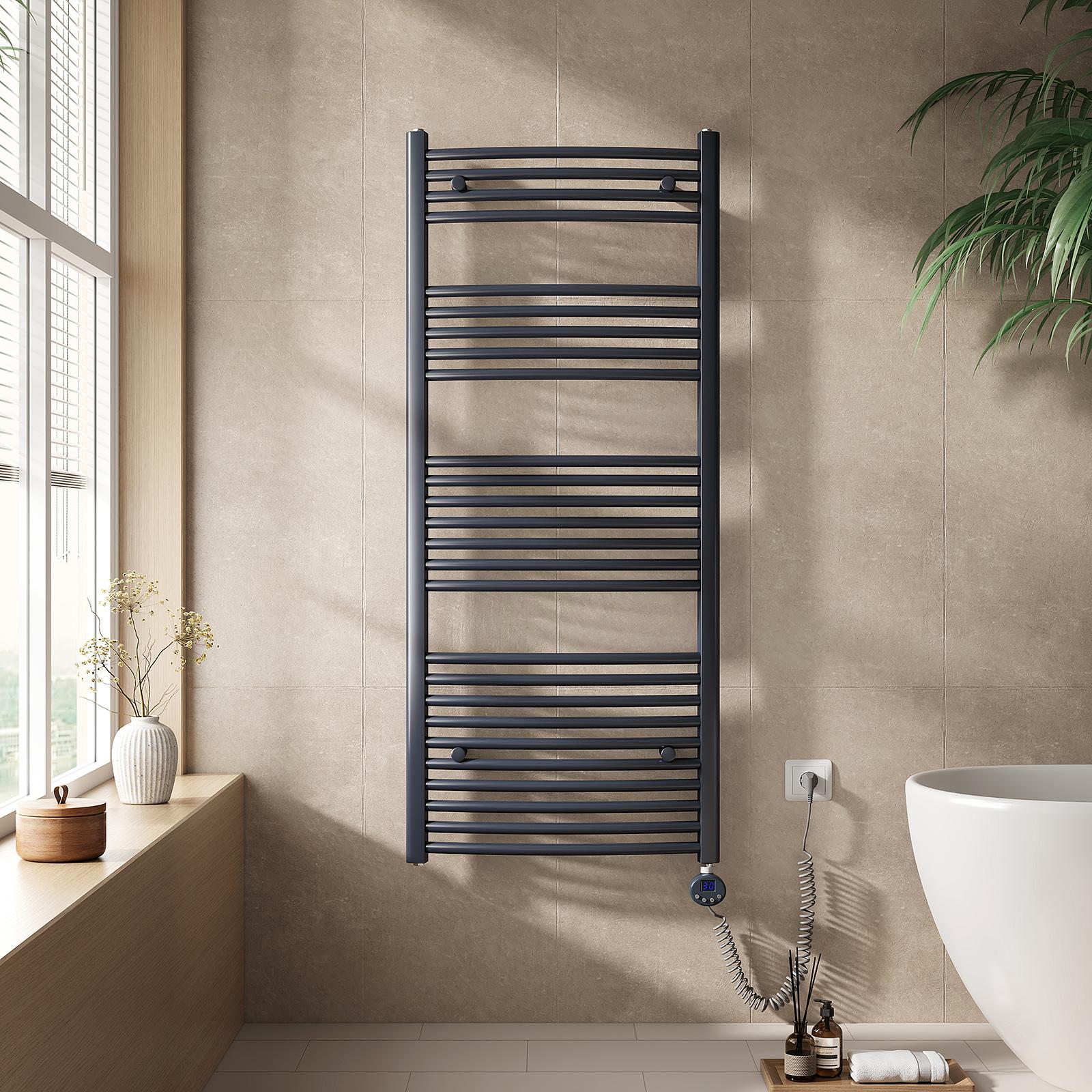 EMKE Elektrický kúpeľňový radiátor Uterákový radiátor zakrivený 300/500/600W Wifi ovládanie Inteligentný termostat 140X60cm Antracitový ohrievač uterákov