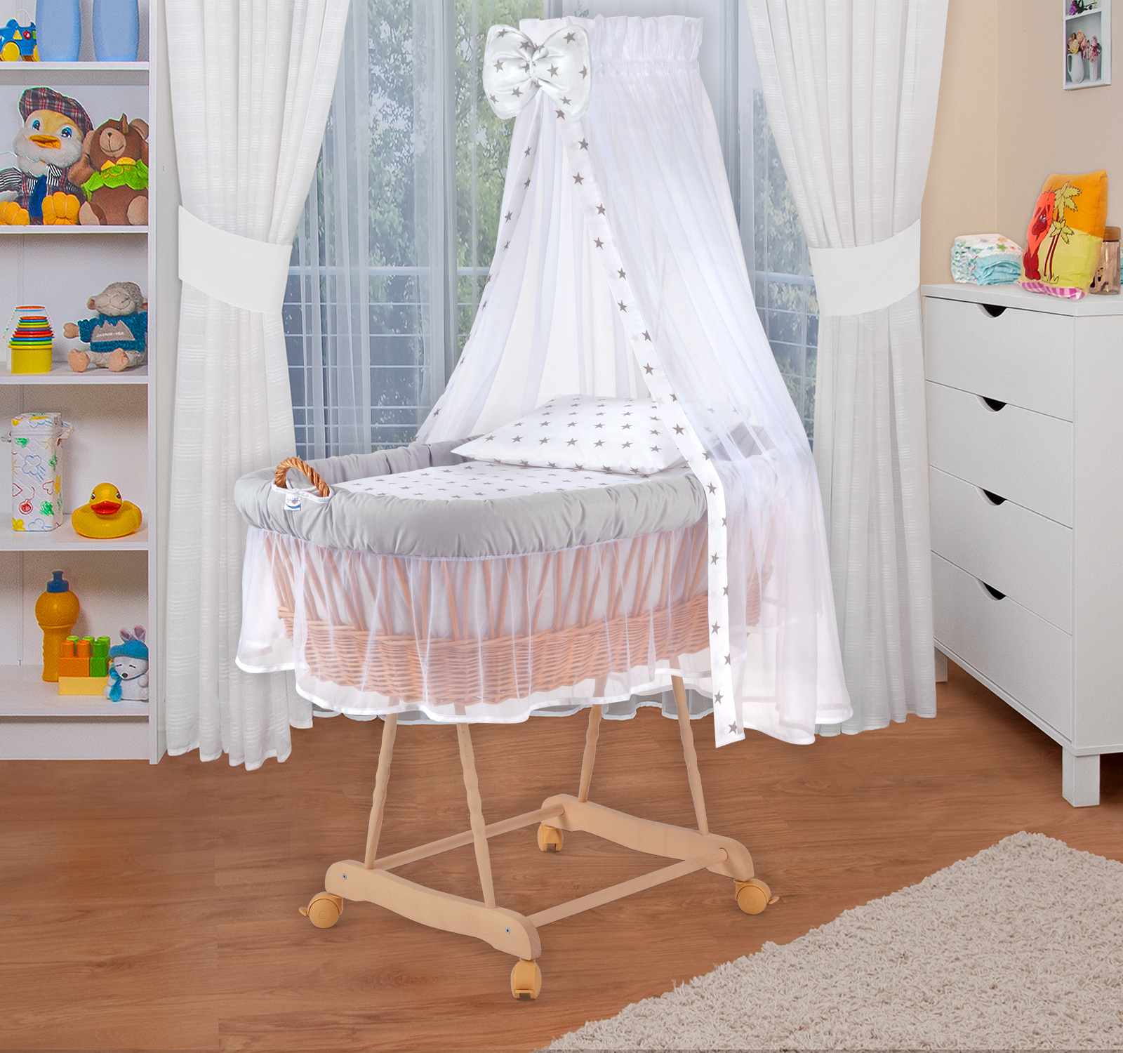 Waldin Baby Stubenwagen-Set mit Ausstattung,XXL,Gestell natur,grau/Sterne grau 1203-1s18h