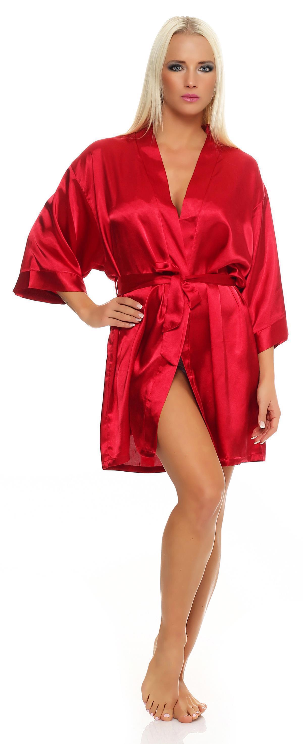 kurzer Morgenmantel in Kimono Damen Satin-Optik; L Rot